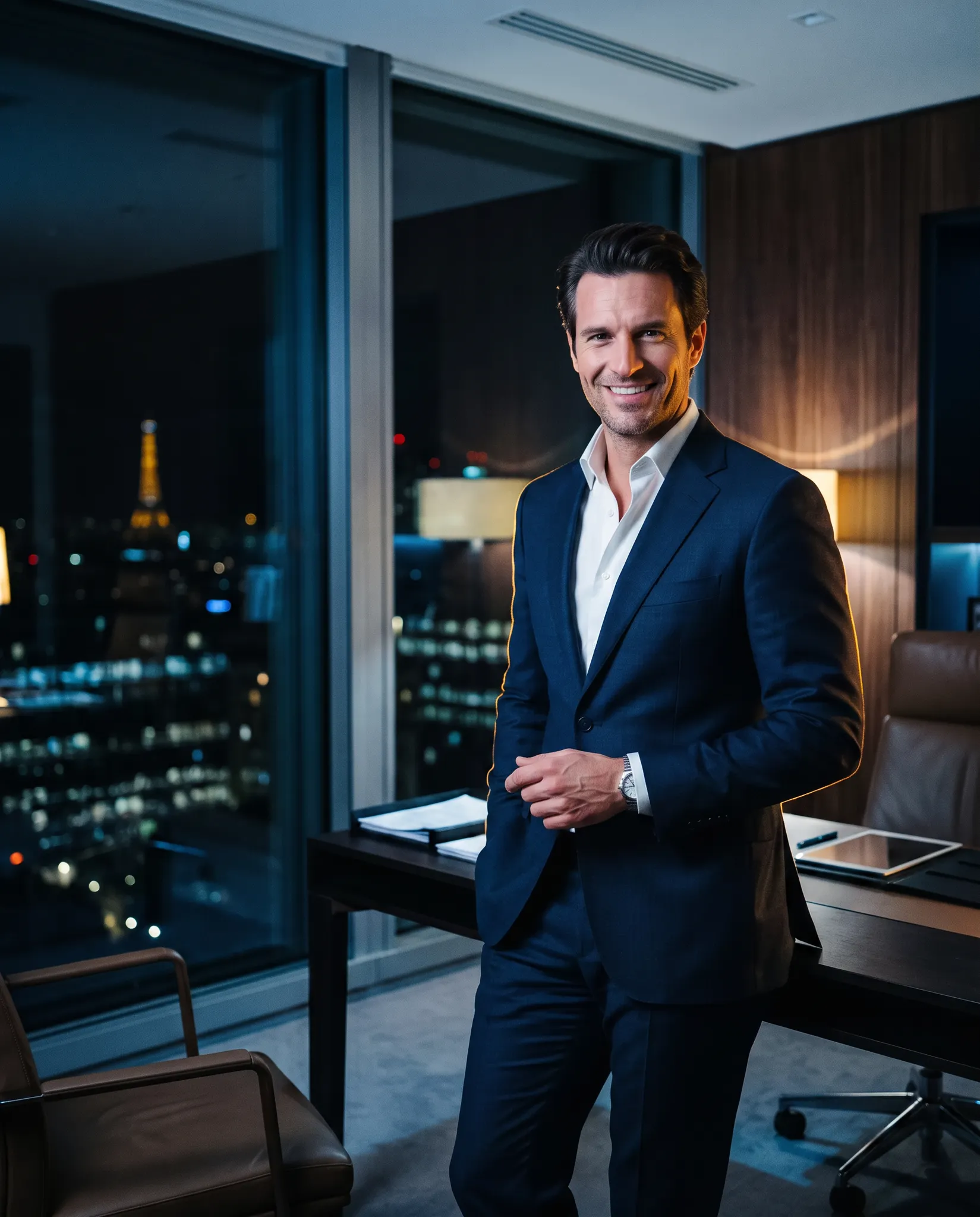 Closer d’élite satisfait de sa réussite dans un bureau parisien de nuit
