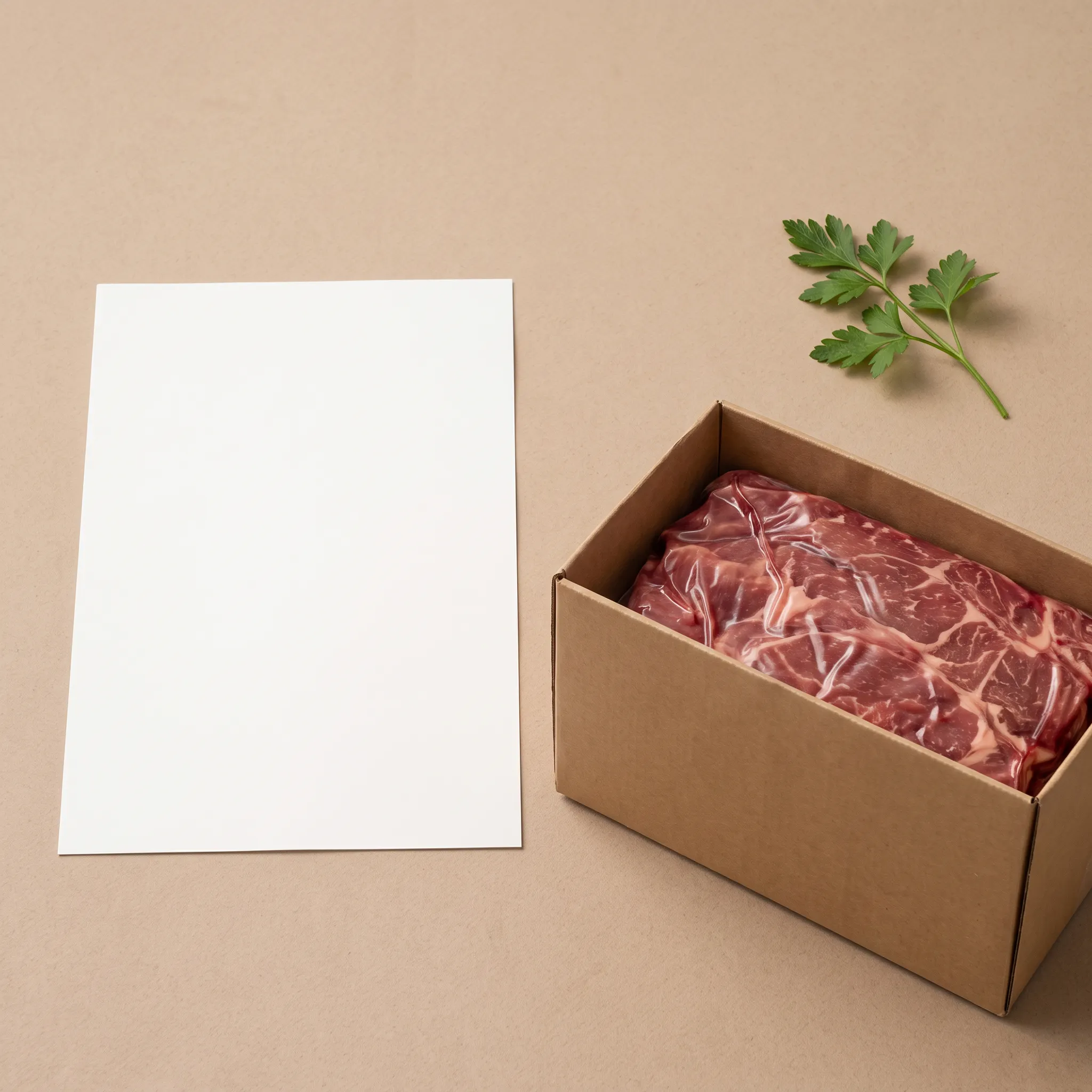 Vacuum-packed beef in a distributor case beside a supplier sheet