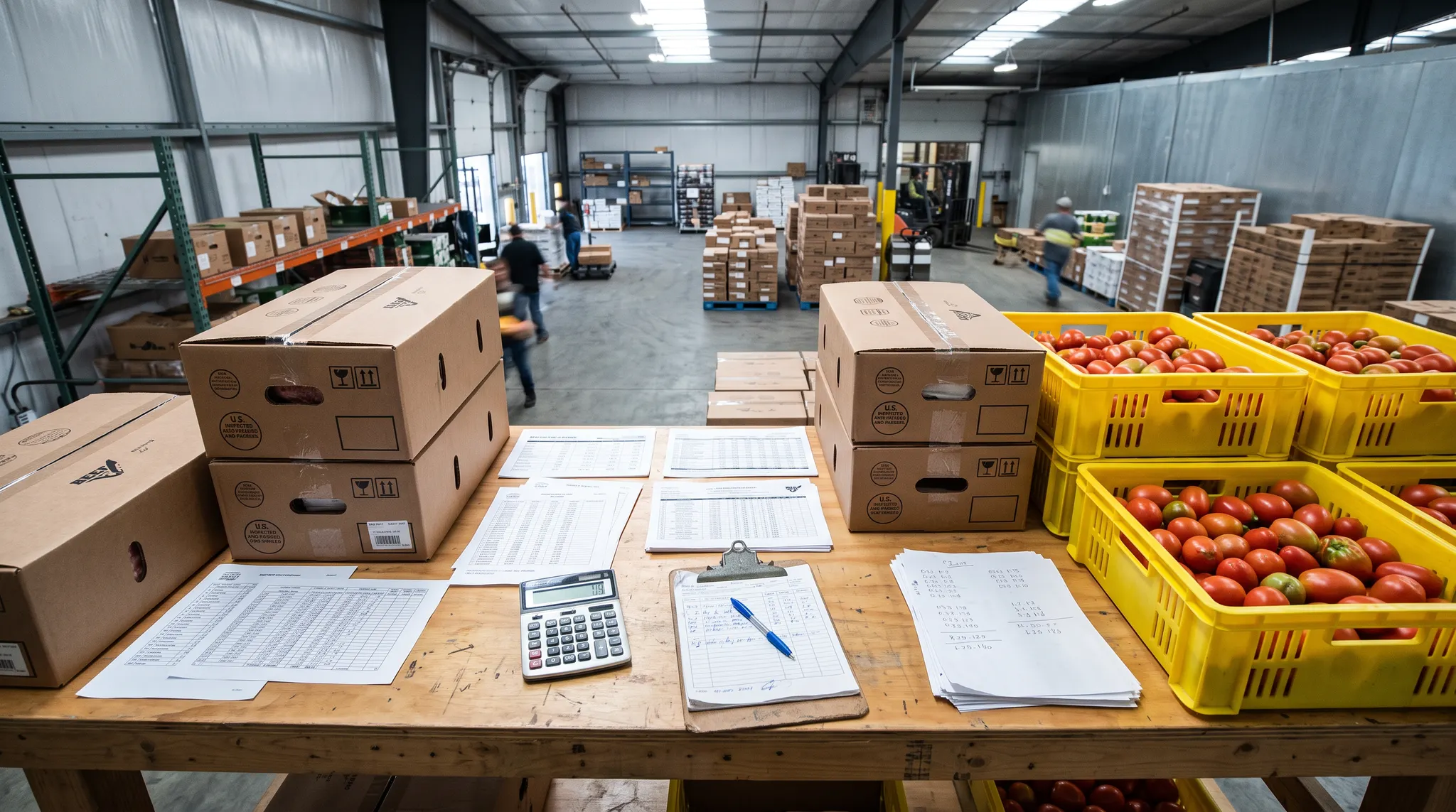 Food-distribution worktable with beef cases, tomato crates, market sheets, and pricing paperwork