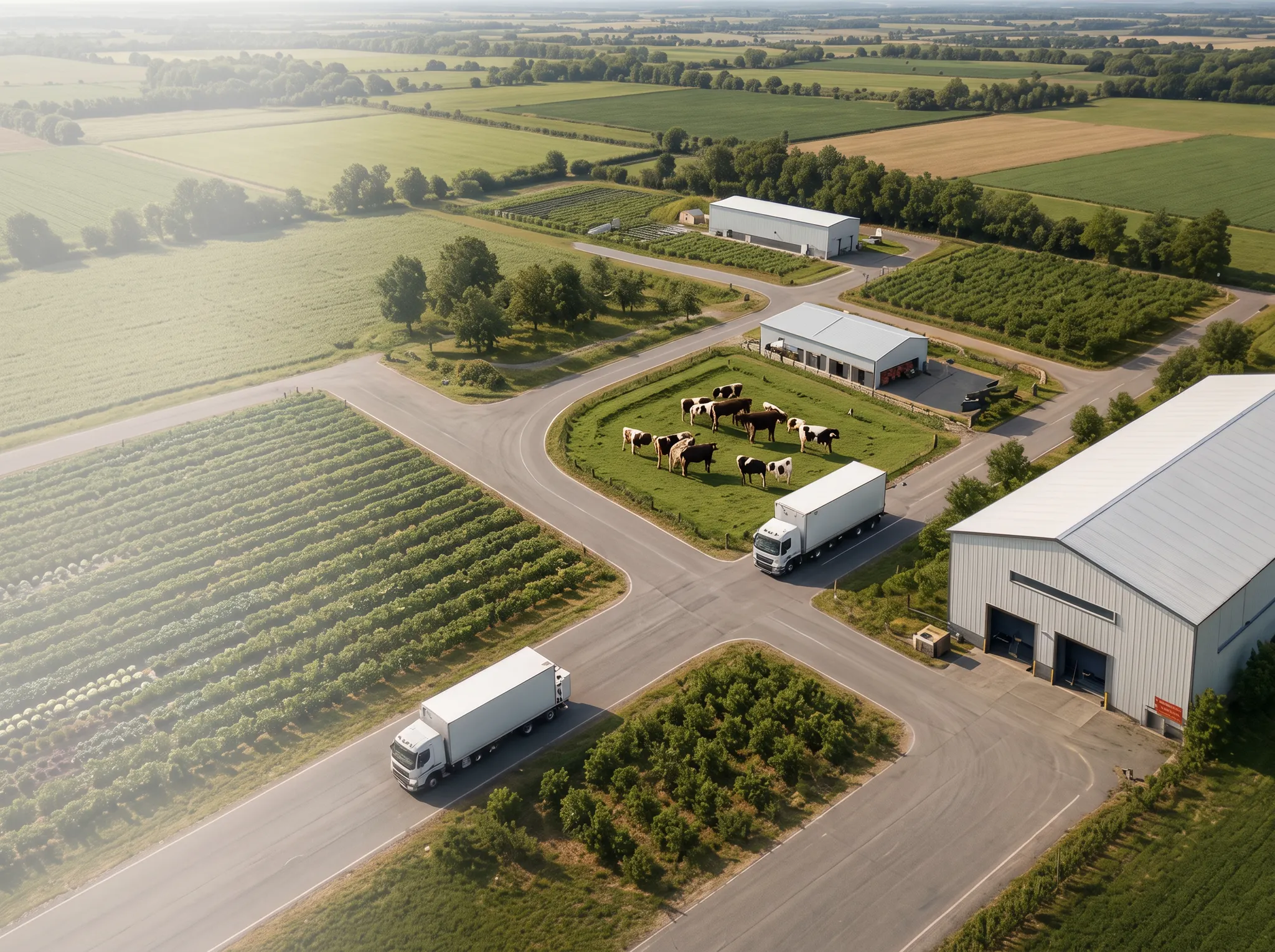 Illustrative aerial food market with produce fields, supplier buildings and a distributor warehouse connected by roads.