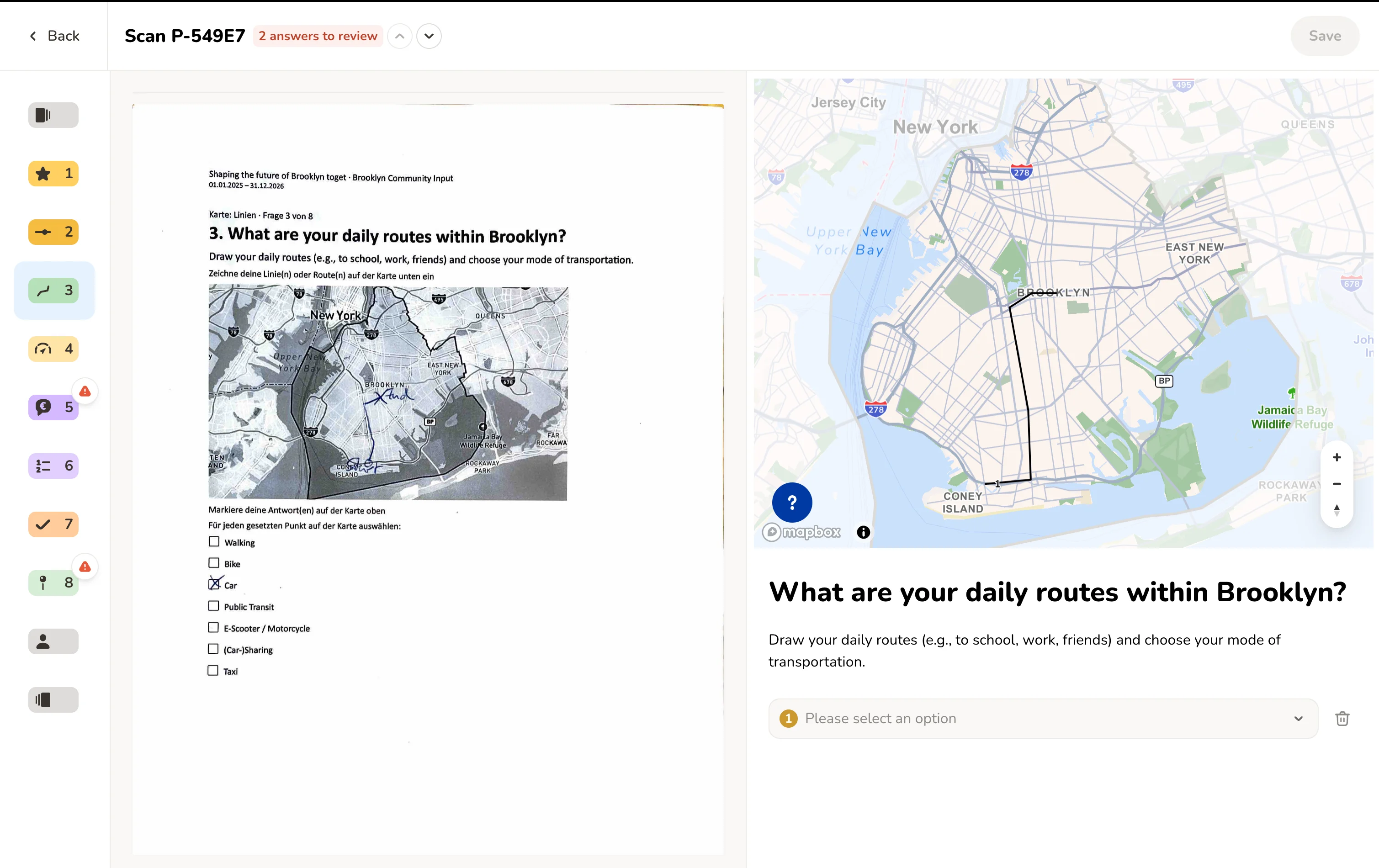 Senf comparing a hand-drawn paper route with the structured map-based survey response
