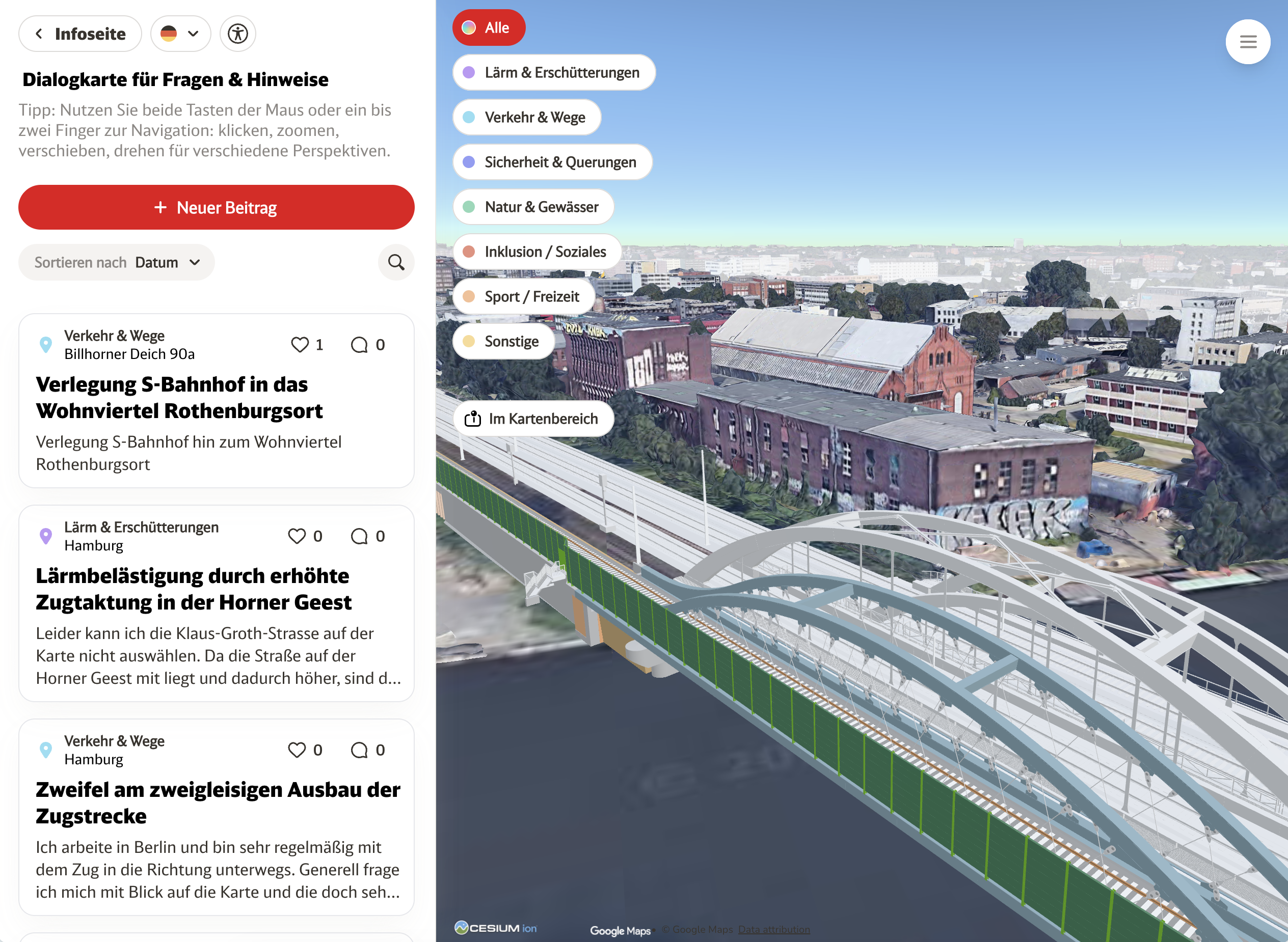 Senf 3D-Dialogkarte für das Hamburger zweigleisige Bahnprojekt der Deutschen Bahn mit kategorisierten öffentlichen Beiträgen über einer 3D-Ansicht der neuen Eisenbahnbrücke über die Bille