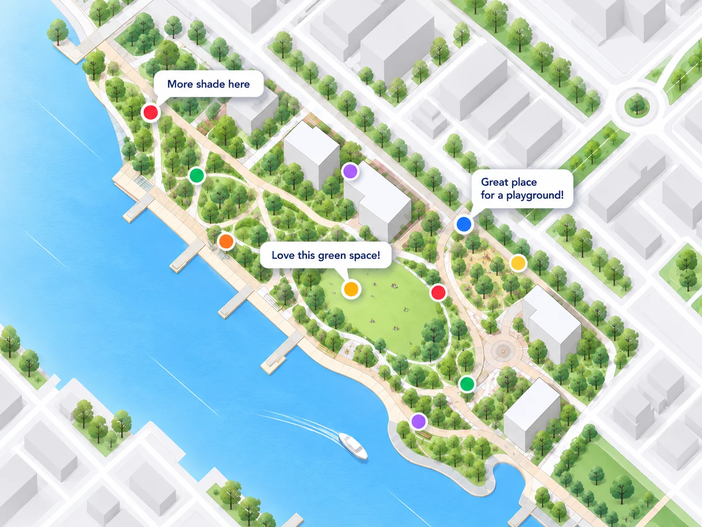 Resident comments and feedback pins placed directly on a landscape architecture site plan