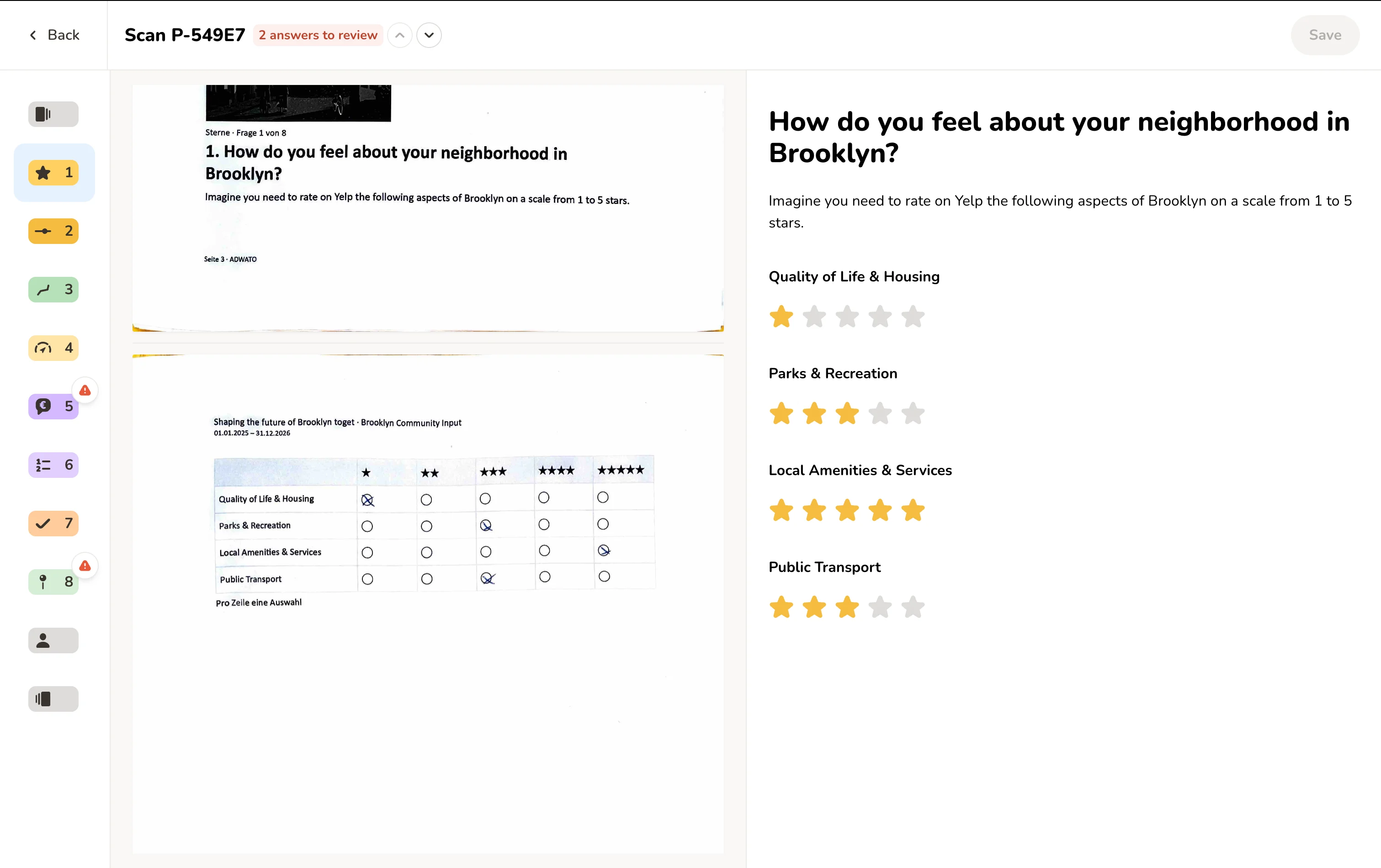 Senf review screen comparing a scanned paper rating matrix with structured star ratings
