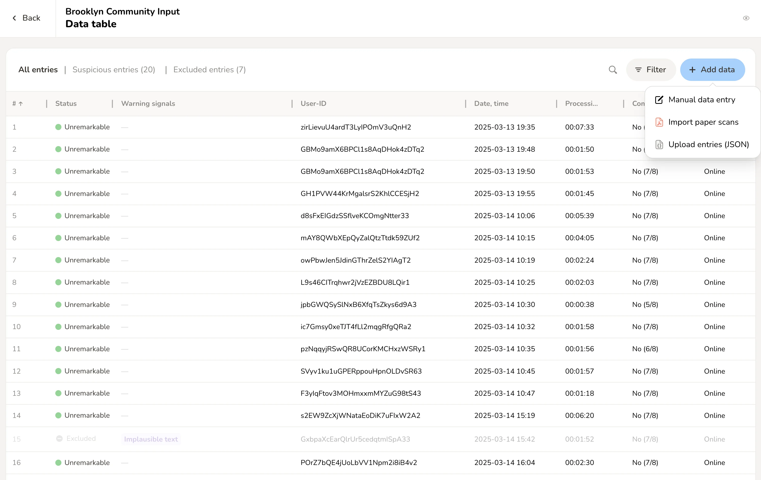 Senf data table with the Add data menu open and Import paper scans selected