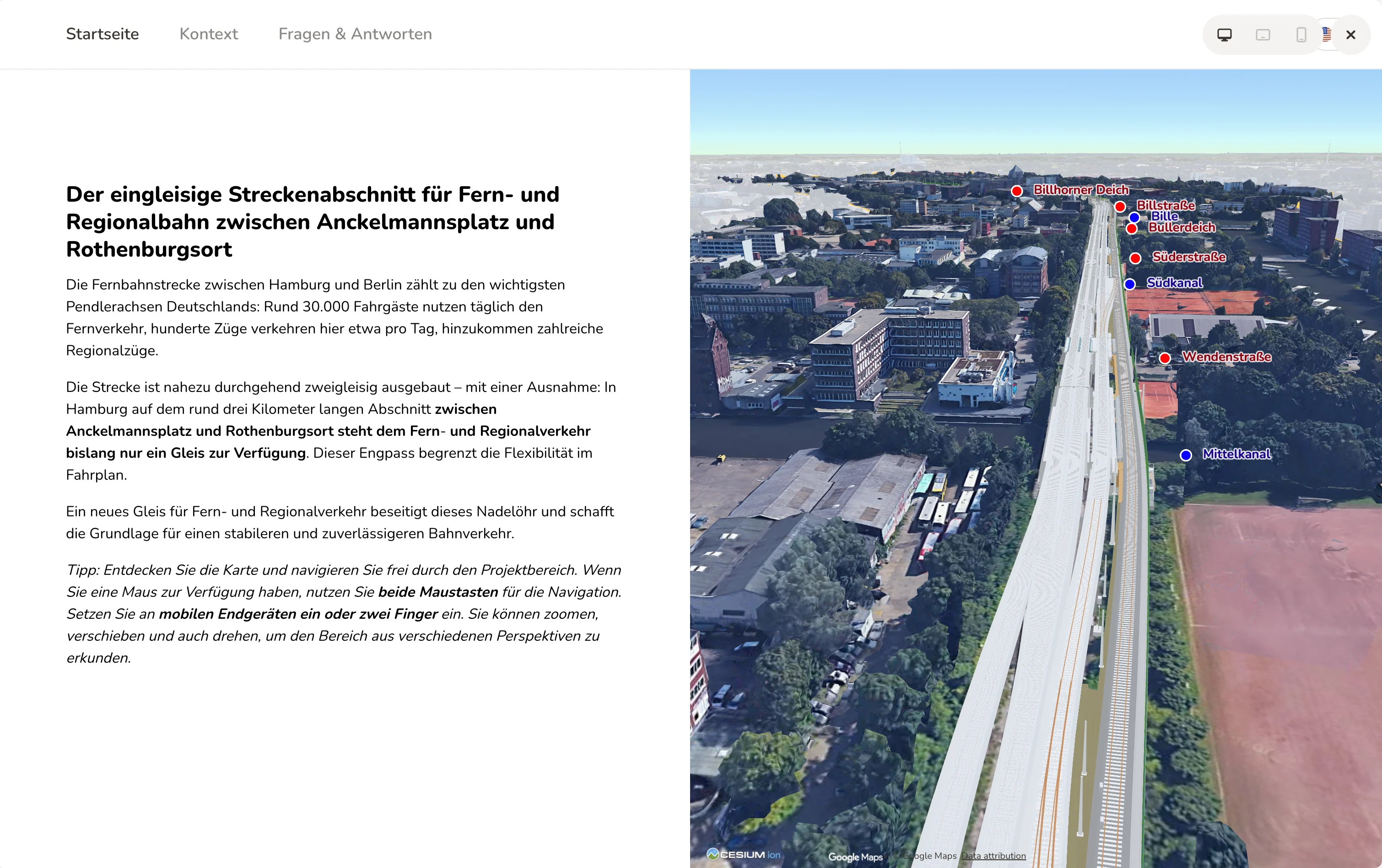 Scrollytelling-Ansicht des DB-Projekts mit erläuterndem Text und eingebettetem 3D-Modell des Streckenabschnitts