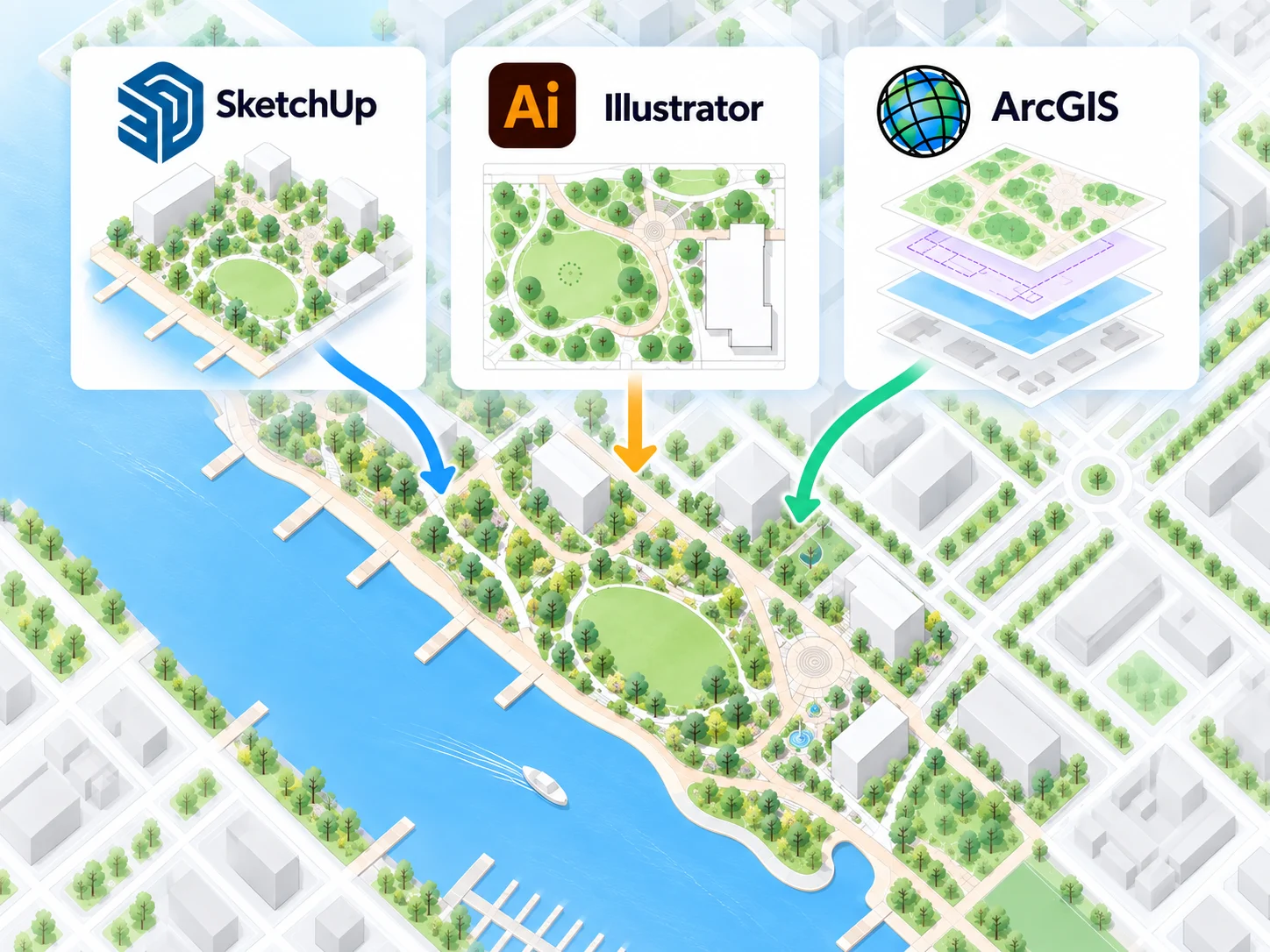 Illustrator, SketchUp, and ArcGIS files feeding into a georeferenced landscape architecture site plan