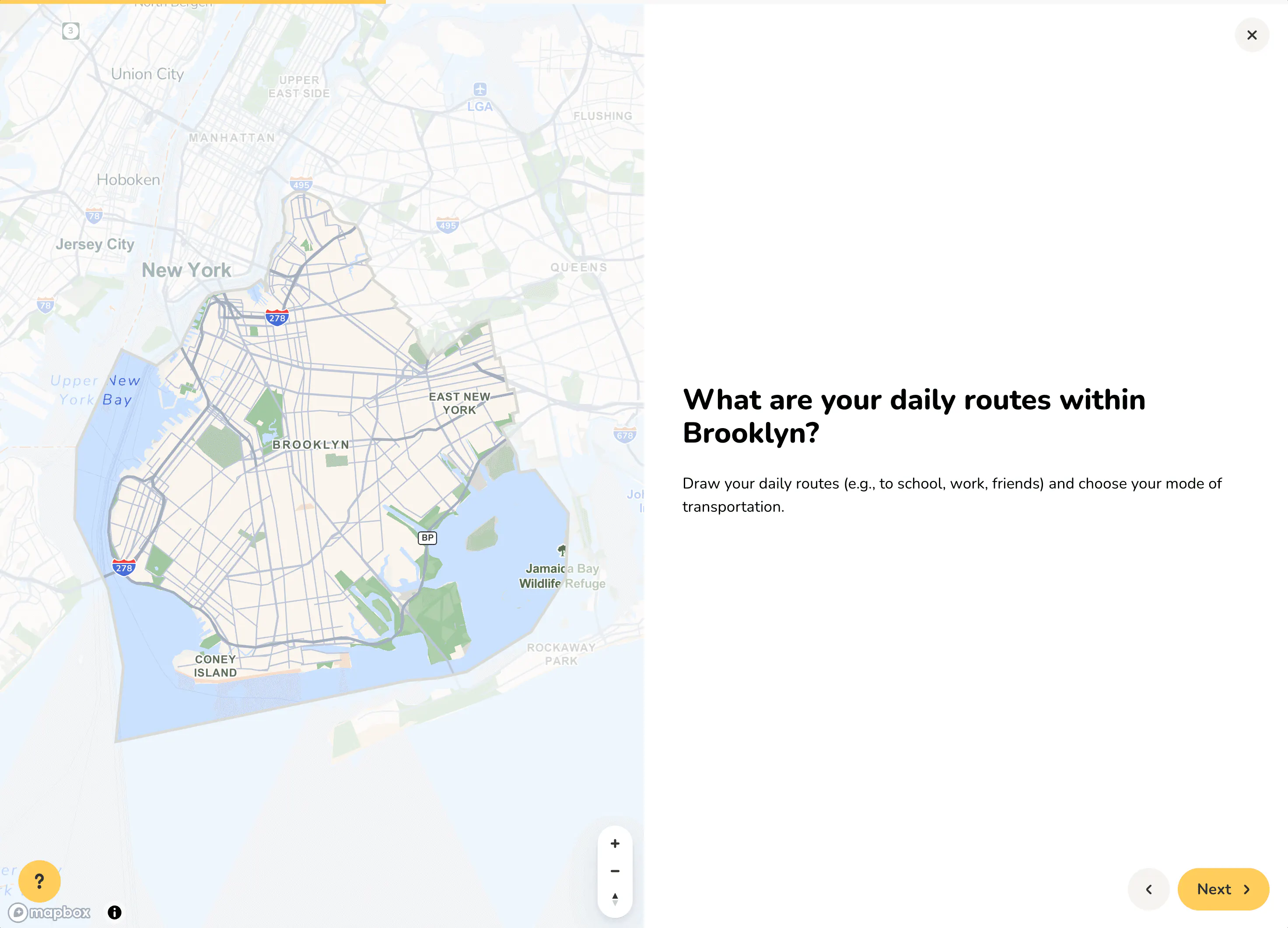 Senf survey question asking residents to draw their daily routes within Brooklyn on a map, with the borough outlined as the answer area