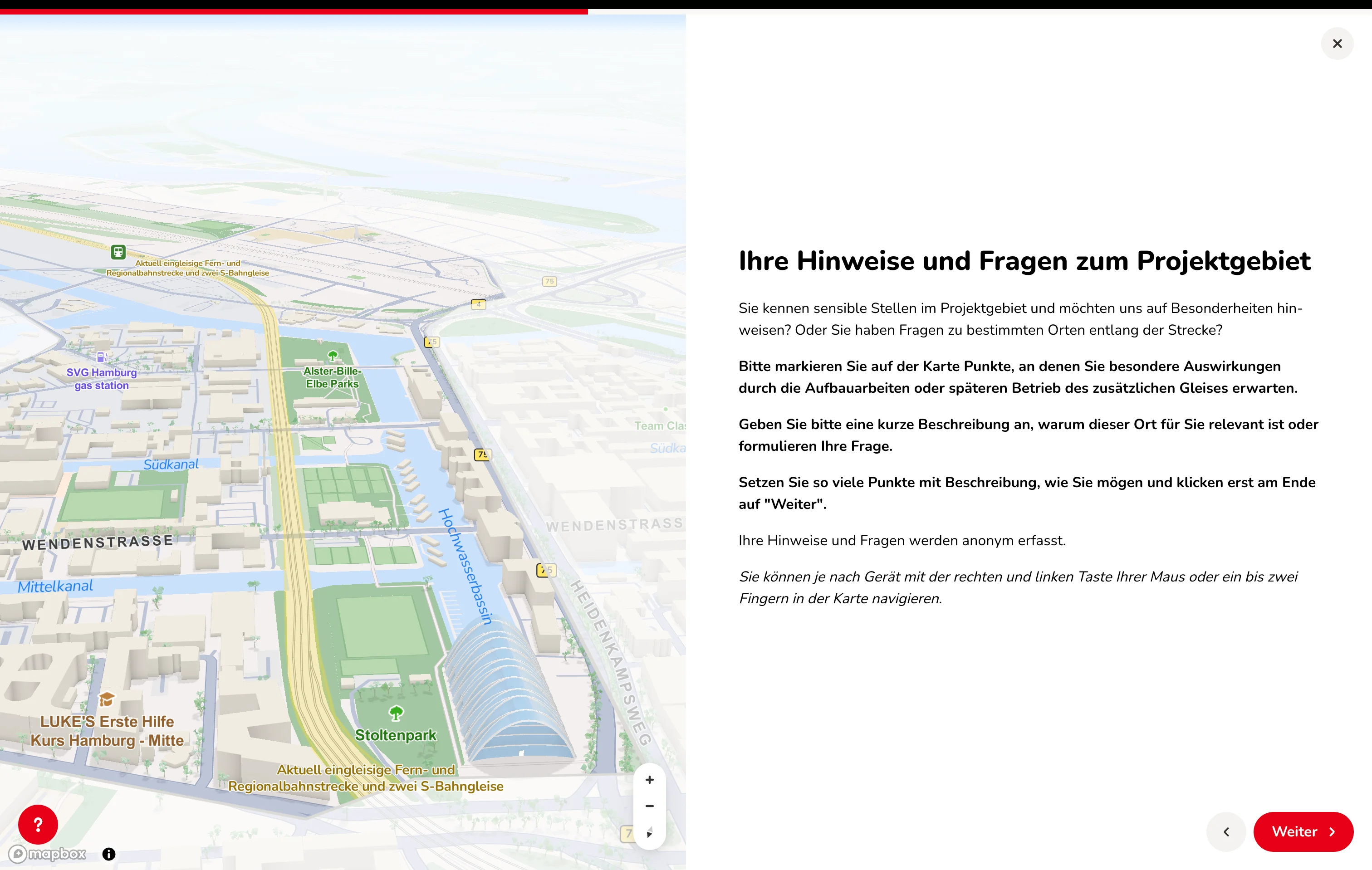 Kartenbasierte Umfrage der Deutschen Bahn mit eingebettetem 3D-Modell und Frage nach Hinweisen zum Projektgebiet