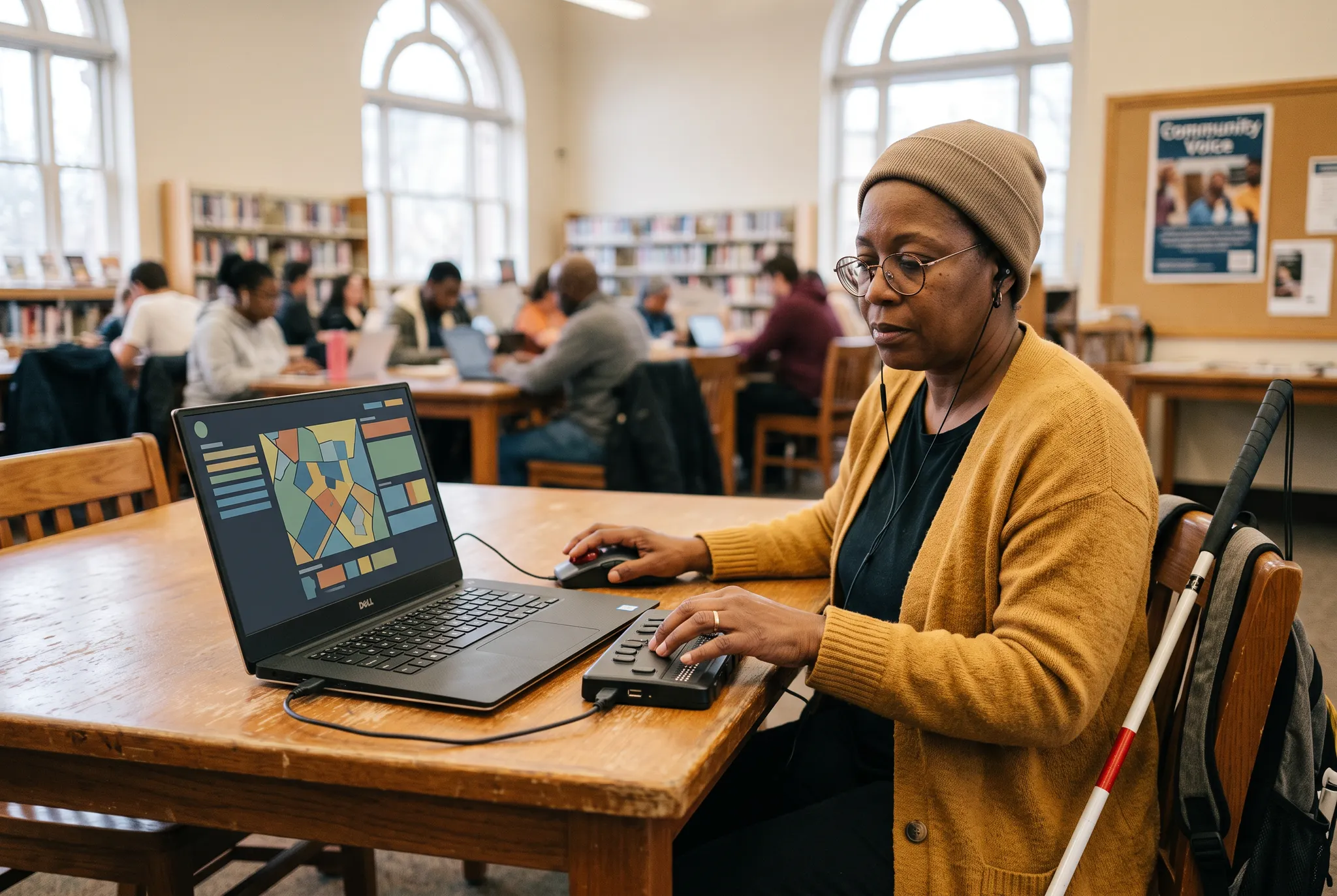 Visually impaired resident using assistive technology to review a digital community map