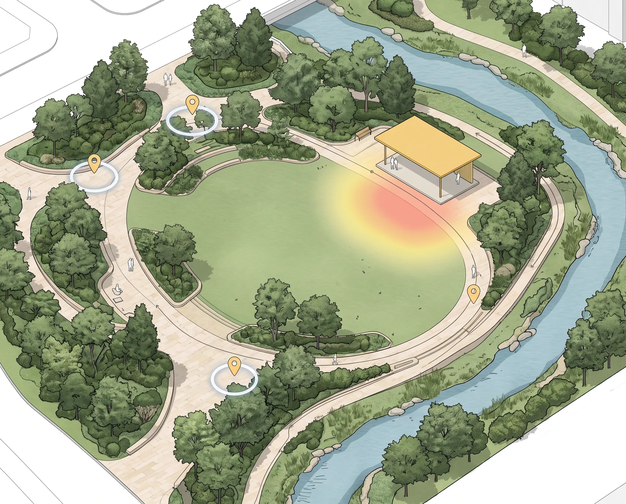 Rendered creekside park plan with spatial feedback pins, response-location rings, and a heat-map overlay