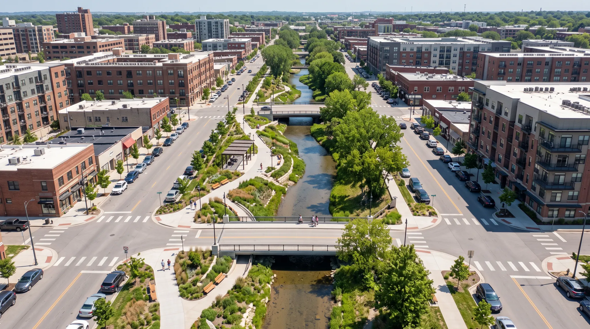Aerial view of a downtown linear park with creek paths, crossings, and planting beds