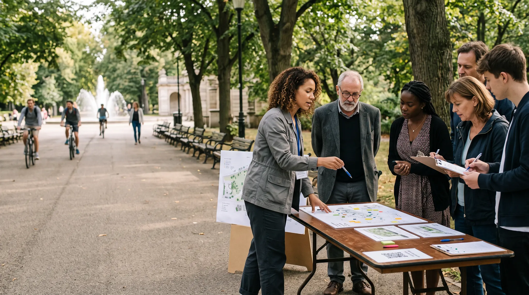 Landscape architect and residents reviewing park concepts around an outdoor engagement table