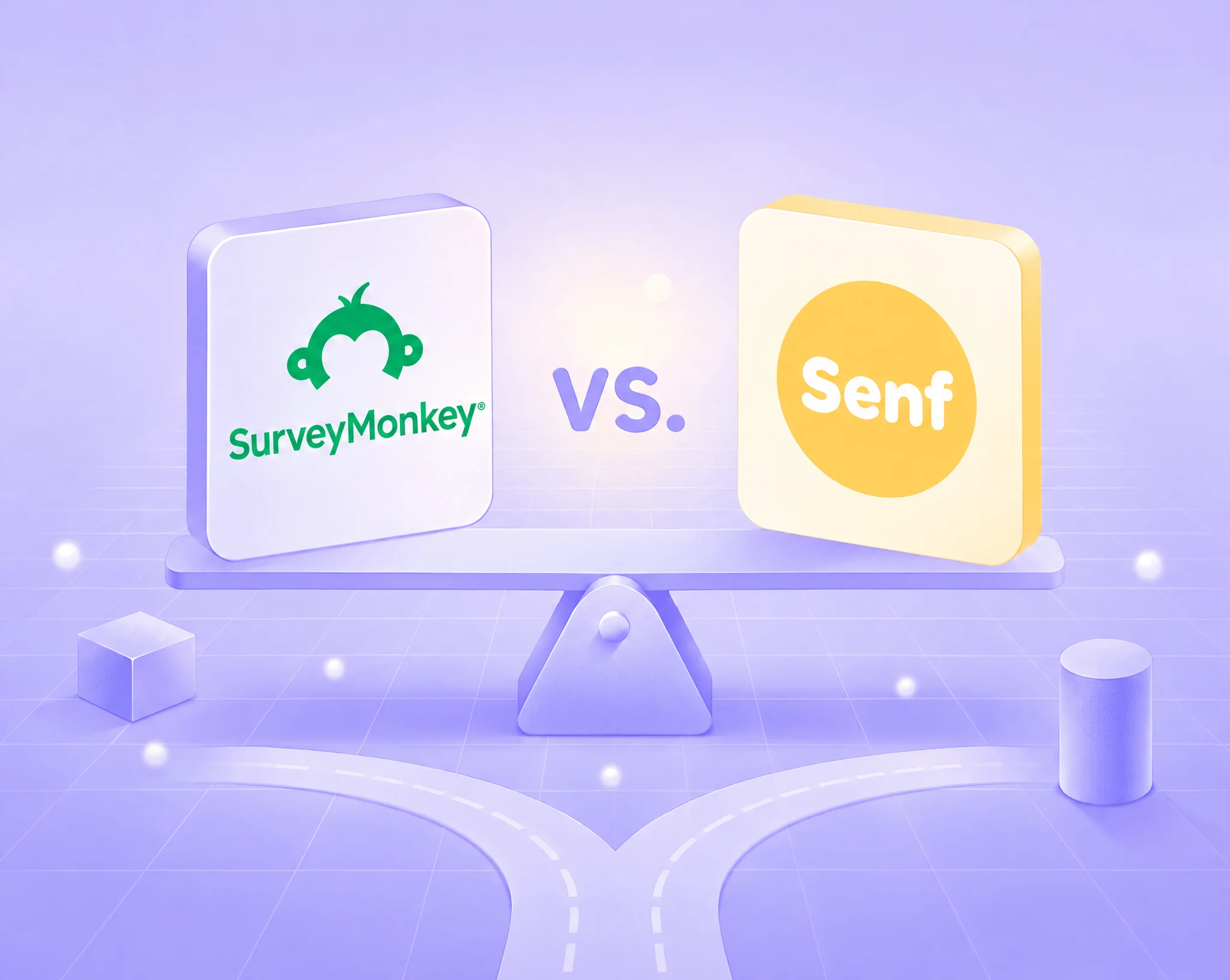 SurveyMonkey logo and Senf logo facing each other on a balance scale