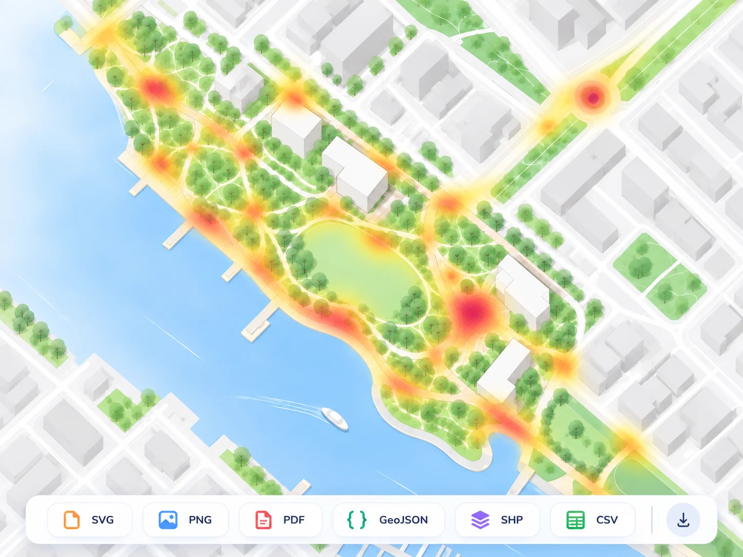 Heat map over a landscape architecture site plan with design and spatial data export formats
