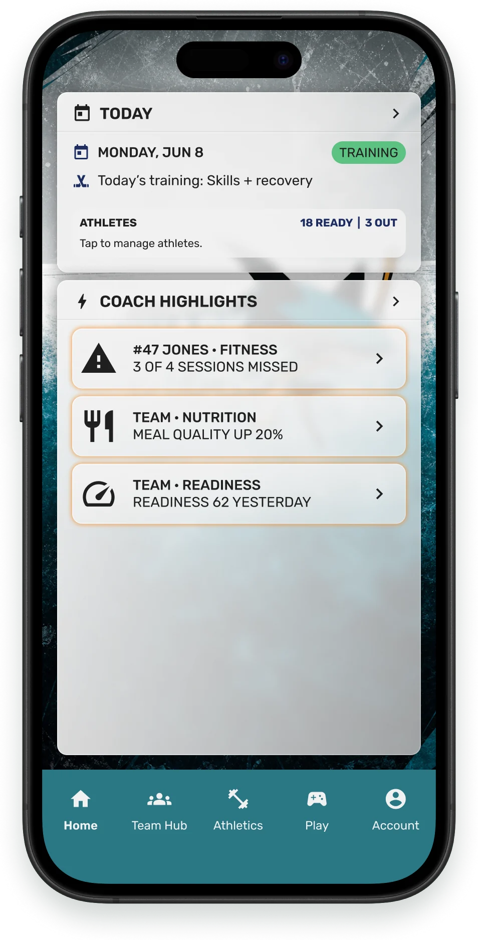 HeyCoach Coach Highlights showing missed sessions, nutrition, readiness, and injuries