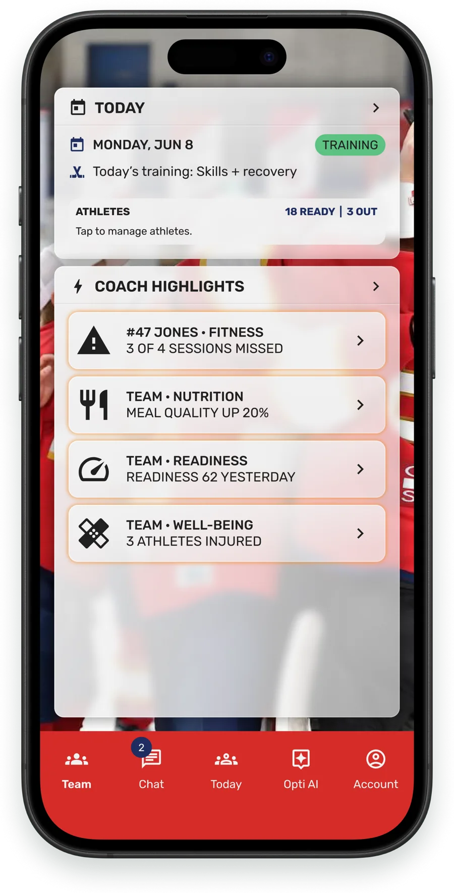 HeyCoach Coach Highlights showing missed sessions, nutrition, readiness, and injuries