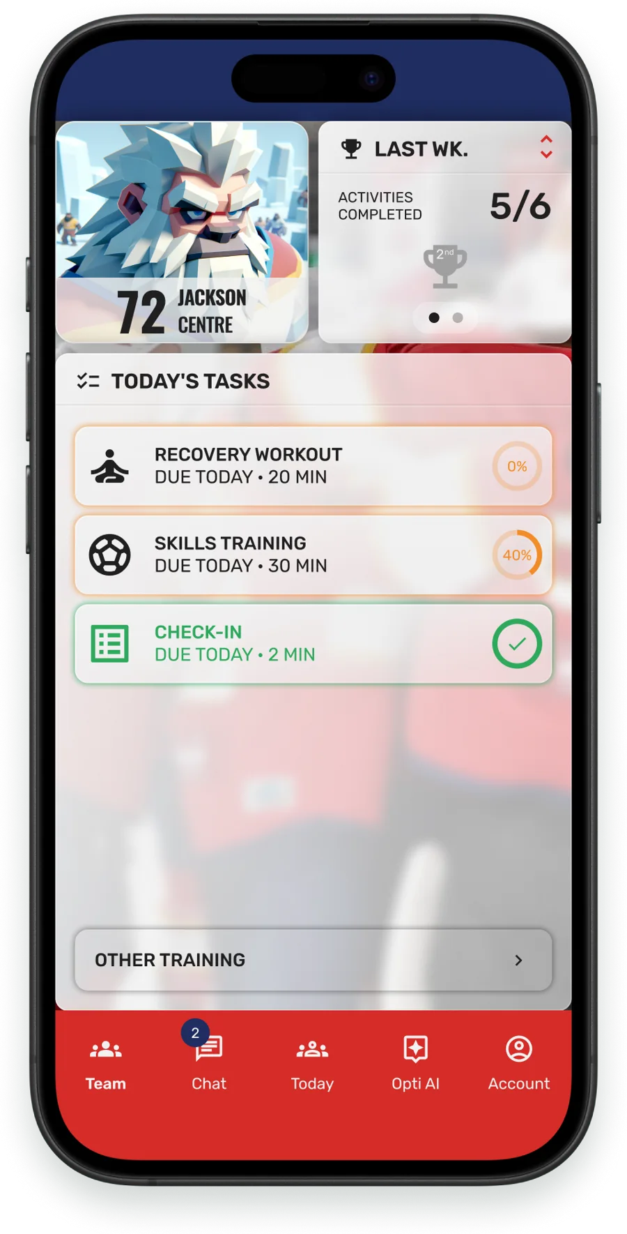 HeyCoach athlete app showing today's tasks: recovery workout, skills training, and daily check-in