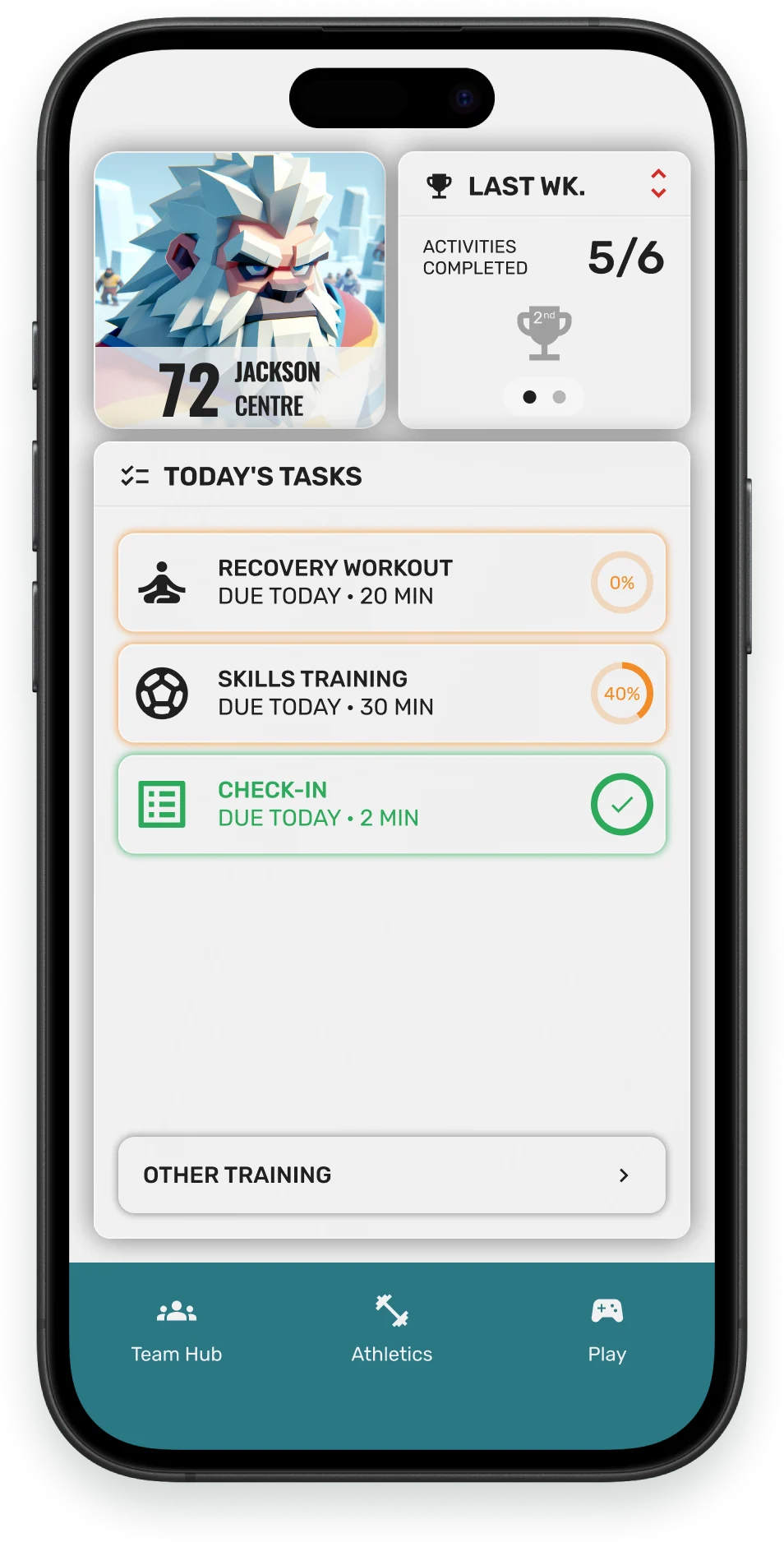 HeyCoach Sharks daily plan showing recovery, skills training, and athlete check-in tasks