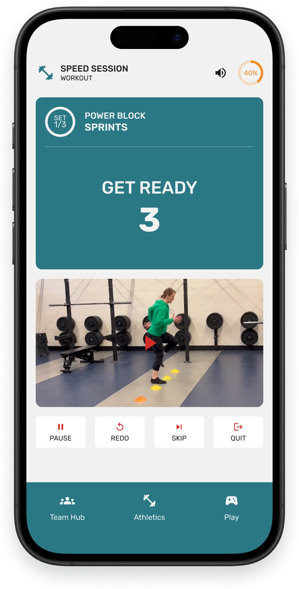 HeyCoach Sharks workout screen showing a guided speed session