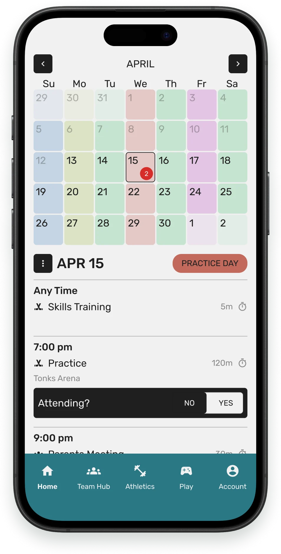HeyCoach scheduling and attendance screen showing practices, training, meetings, and athlete availability
