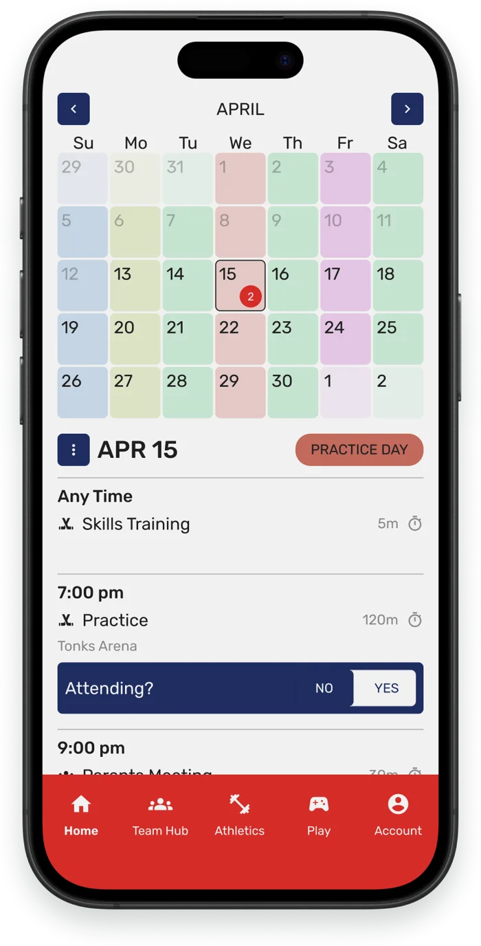 HeyCoach scheduling and attendance screen showing practices, training, meetings, and athlete availability