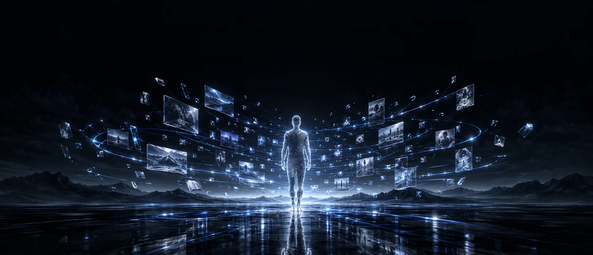 Concept artwork showing a person surrounded by connected records that form a personal digital panorama