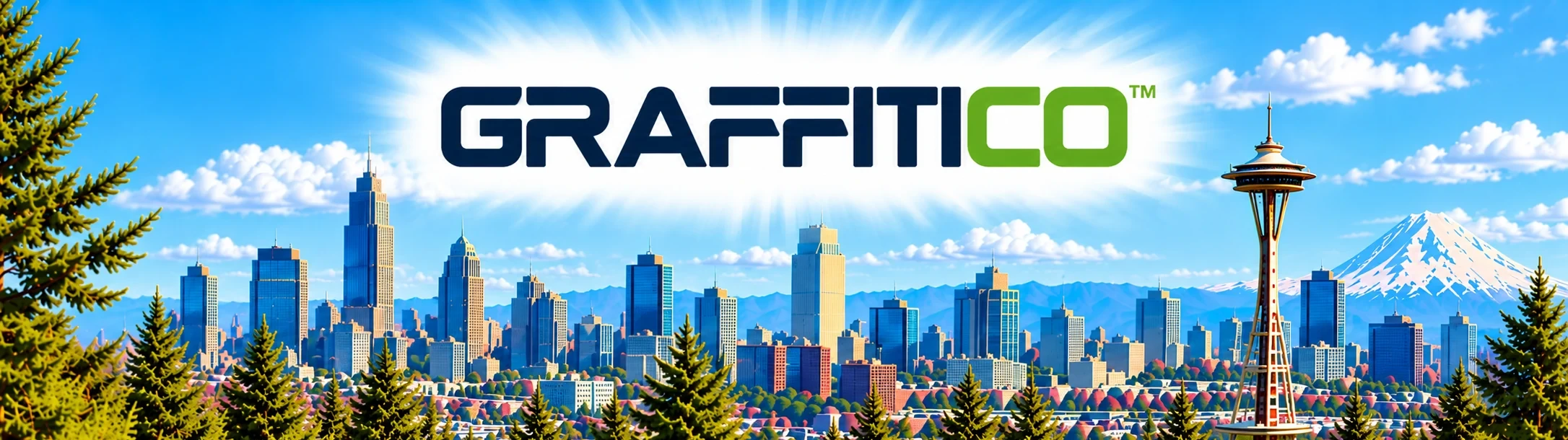GraffitiCo wordmark above the illustrated Seattle skyline, Space Needle and Mount Rainier