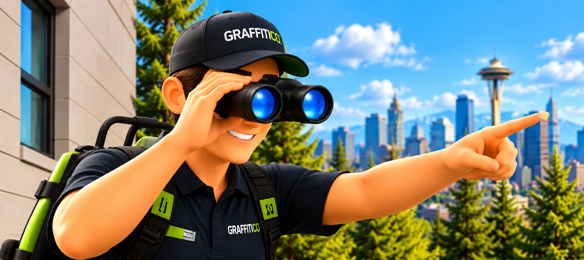 GraffitiCo technician checking properties with binoculars