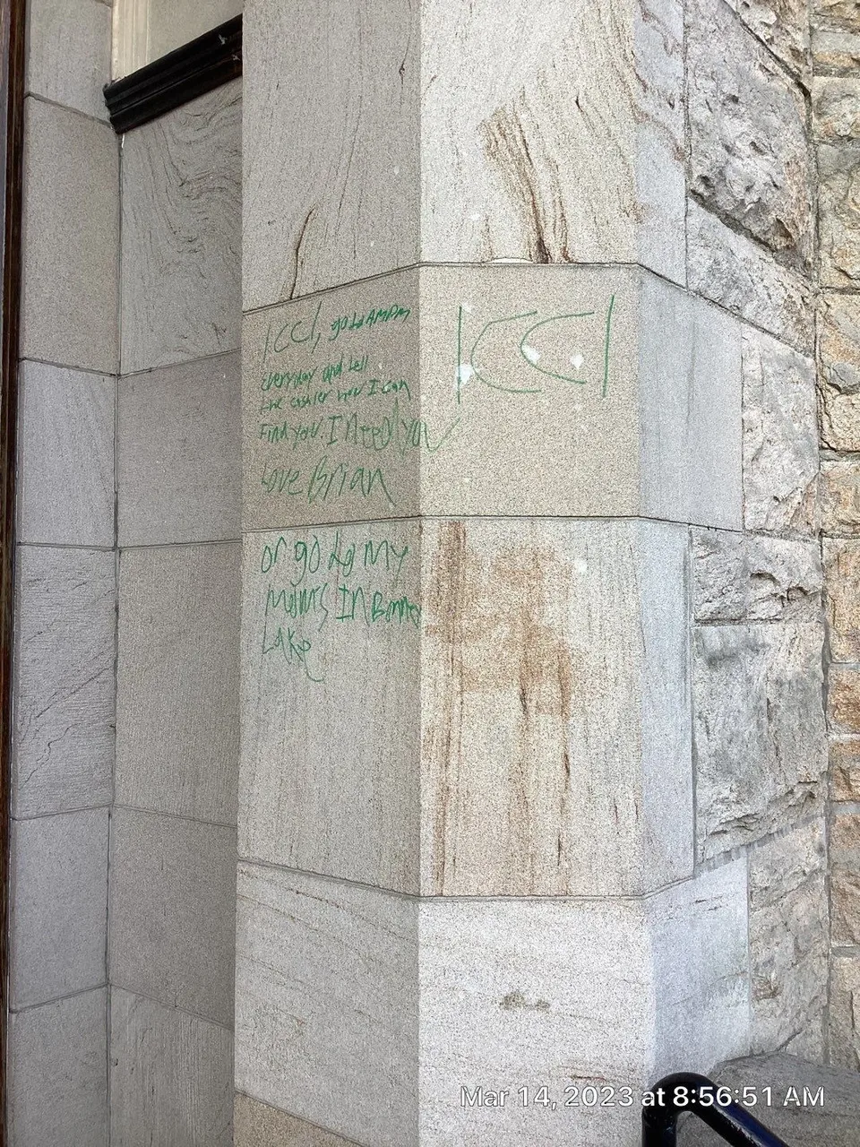 Sandstone wall before graffiti removal