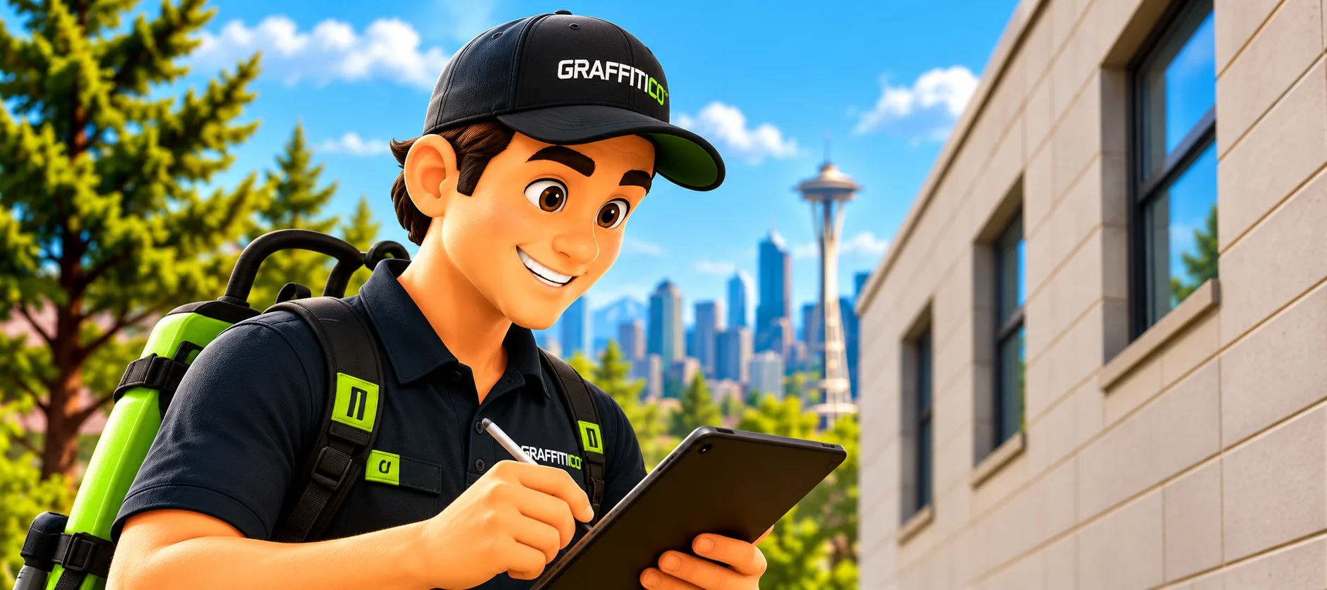 GraffitiCo technician inspecting a property with a clipboard