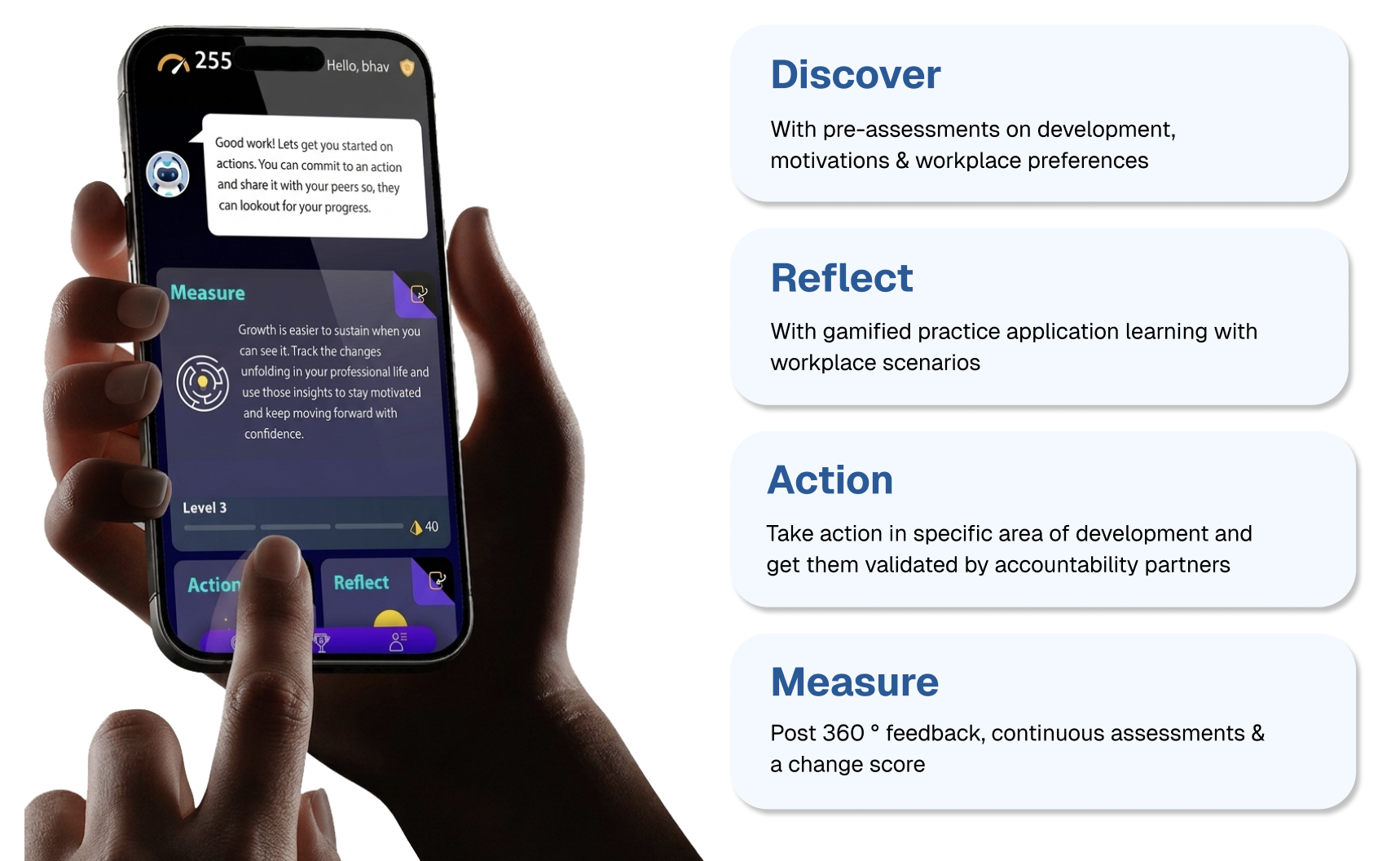 Koach app with Discover, Reflect, Action and Measure journey