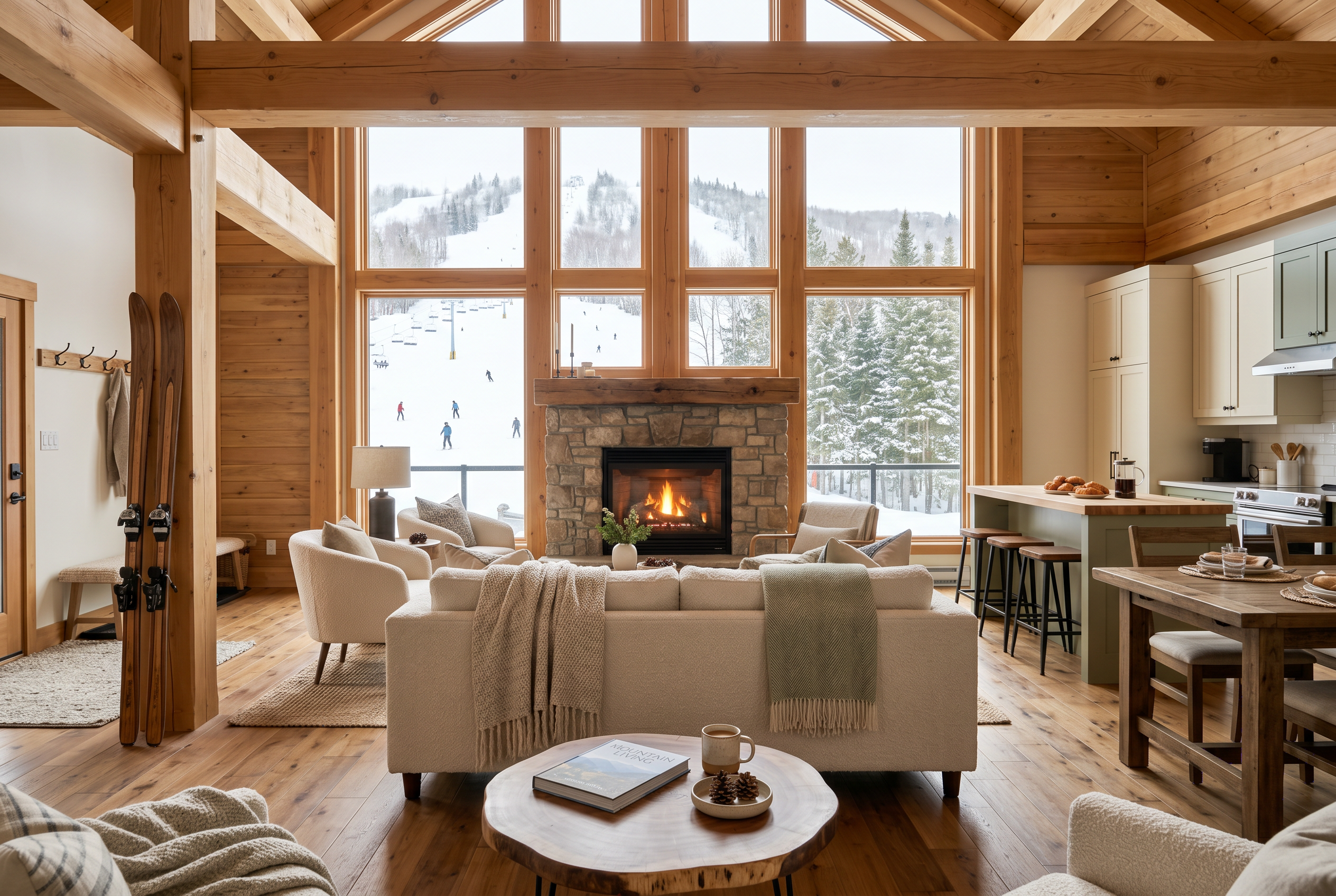 A warm, guest-ready open-concept chalet living room with a stone fireplace, wood beams, and large windows framing a snowy ski hill.