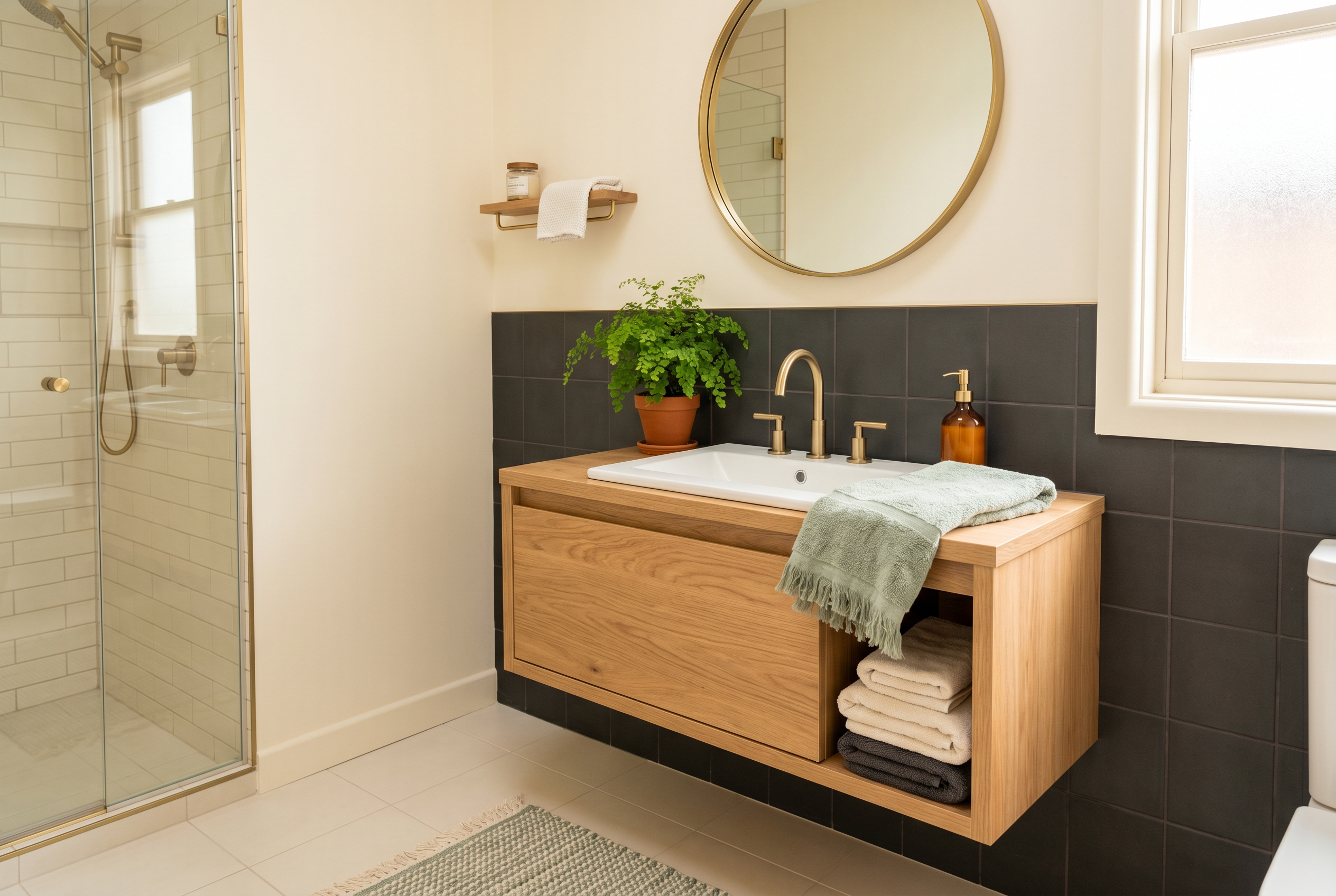 A calm, freshly updated bathroom with a wood vanity, brass fixture, and folded towels.