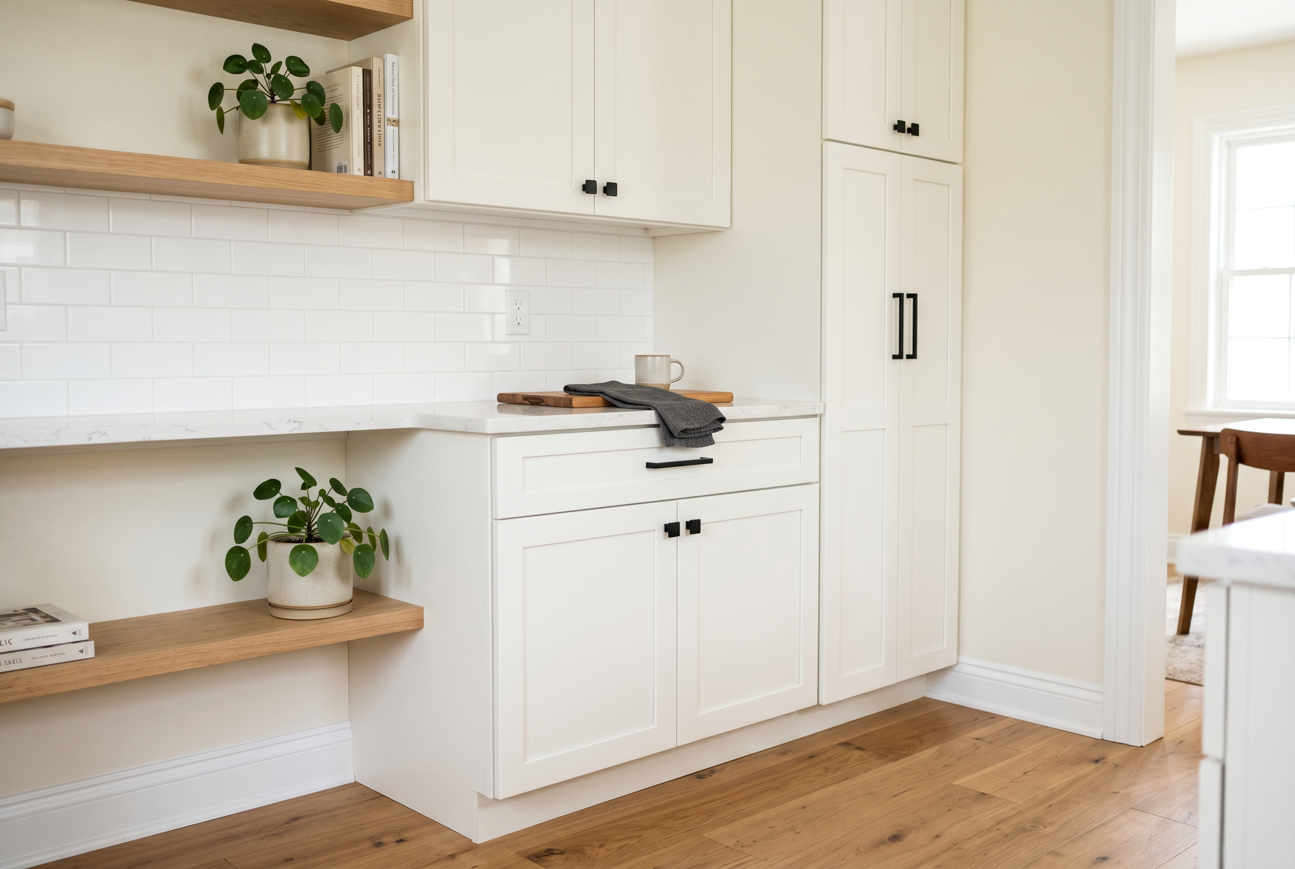 Freshly installed cabinetry and floating wood shelves in a bright, refreshed home.