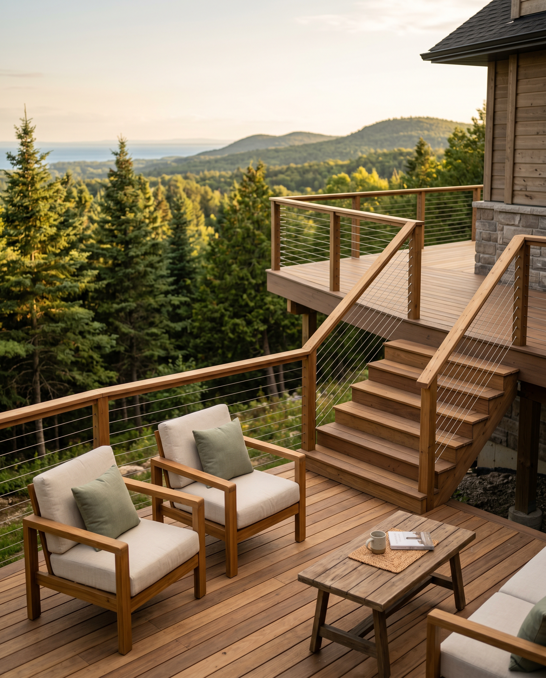 A newly built multi-level wood deck with cable railings and wide stairs overlooking evergreen trees and Georgian Bay at golden hour.