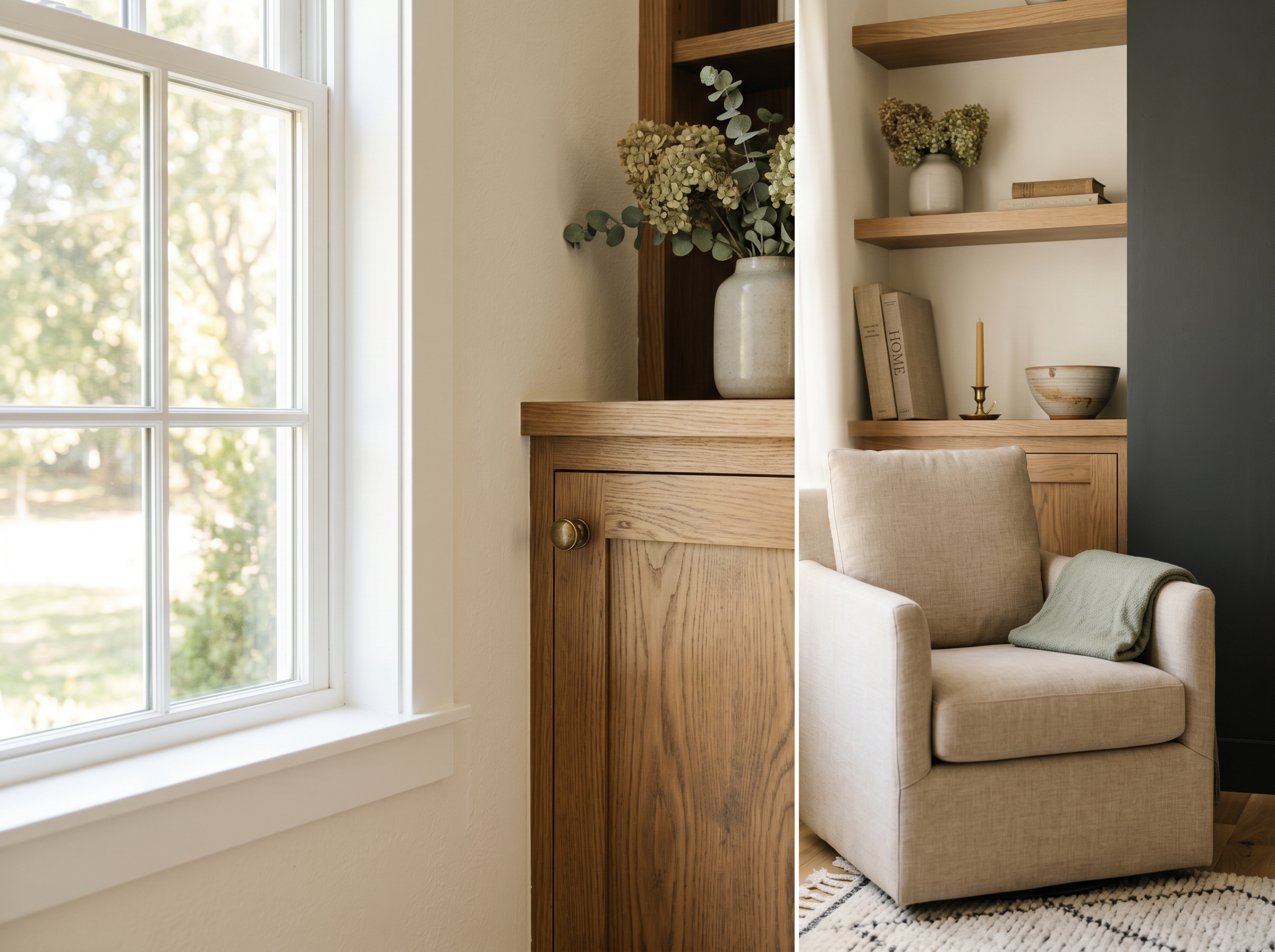 A freshly finished corner of a home — painted trim, natural wood cabinetry with a brass knob, and soft daylight.