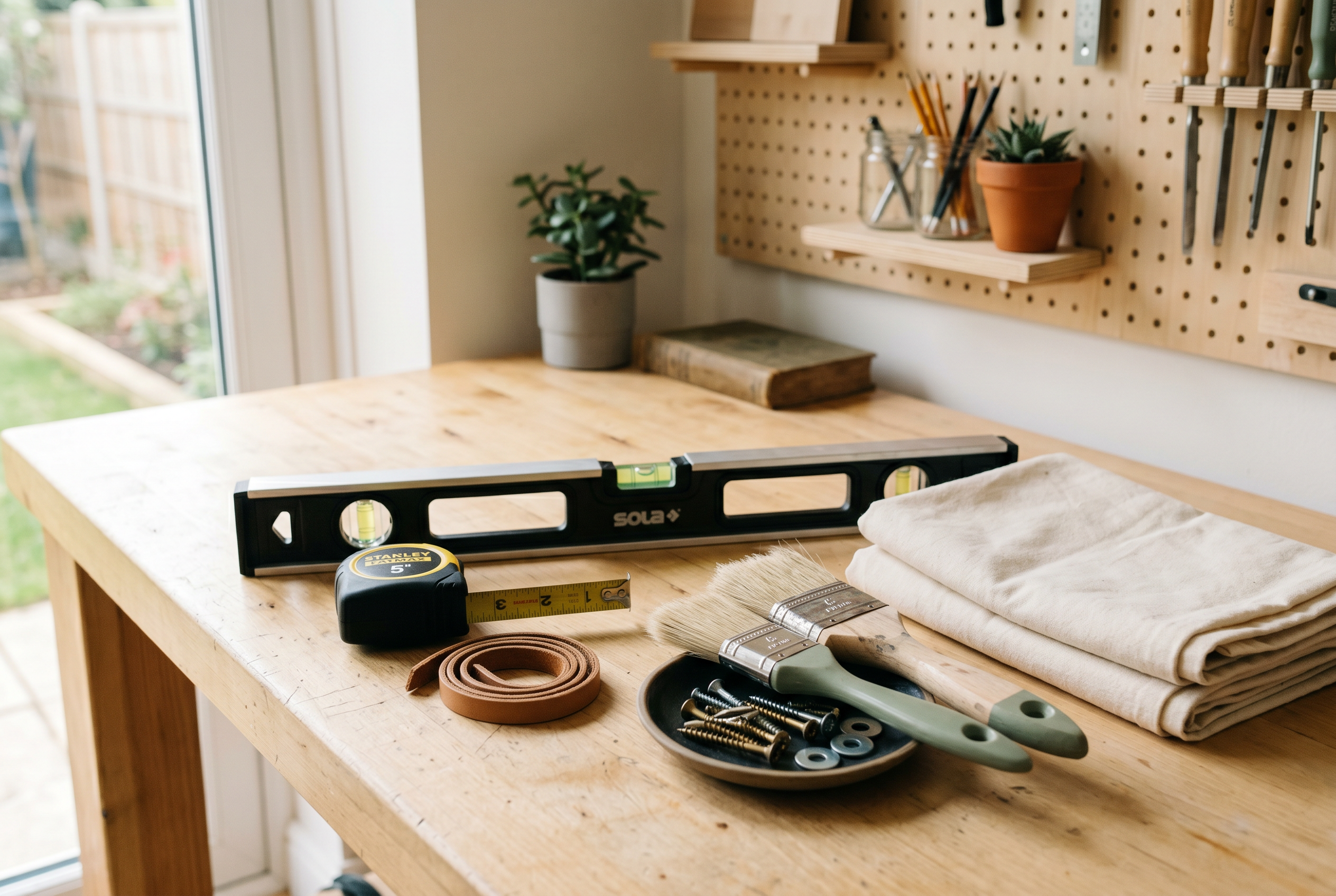 Hand tools, brushes, a level, and folded drop cloth arranged neatly on a light wood workbench.
