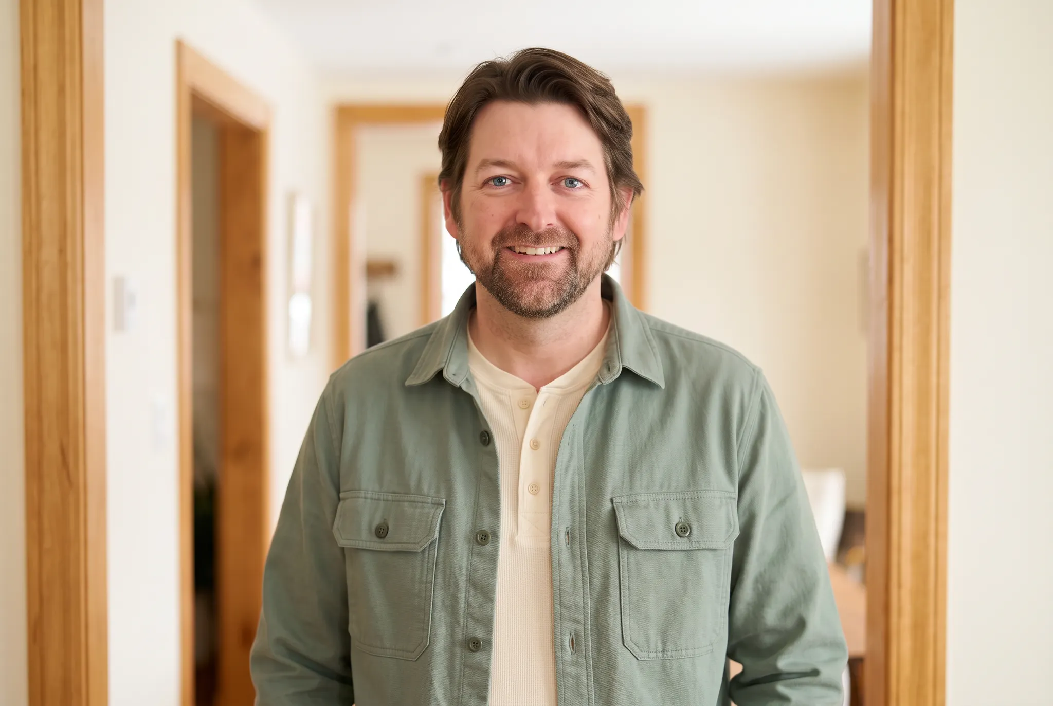 Aaron, owner of The Small Job Co., in a warm residential interior.