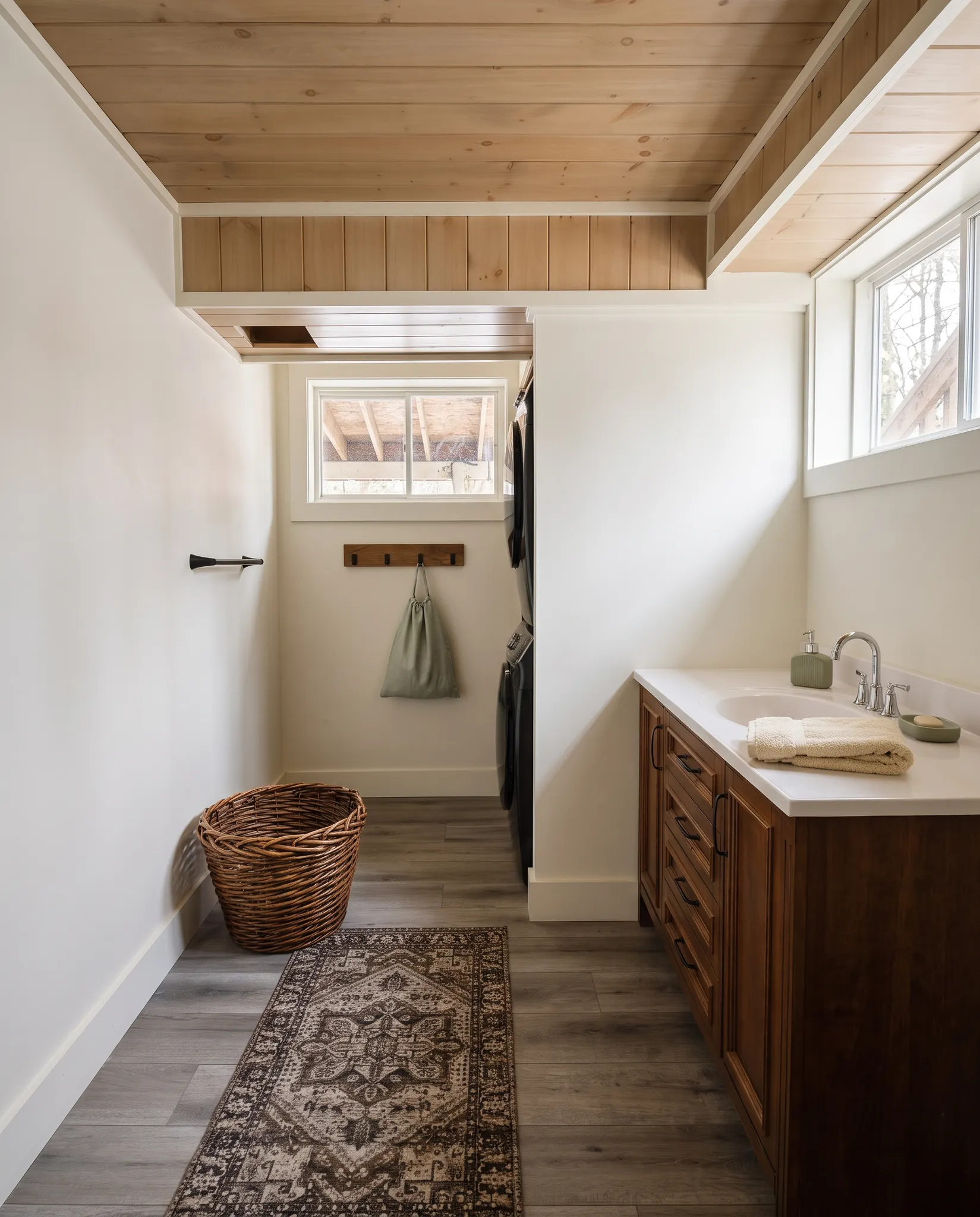 A completed Small Job Co. laundry-room renovation with a pine ceiling, warm wood vanity, stacked laundry, and a long patterned runner.