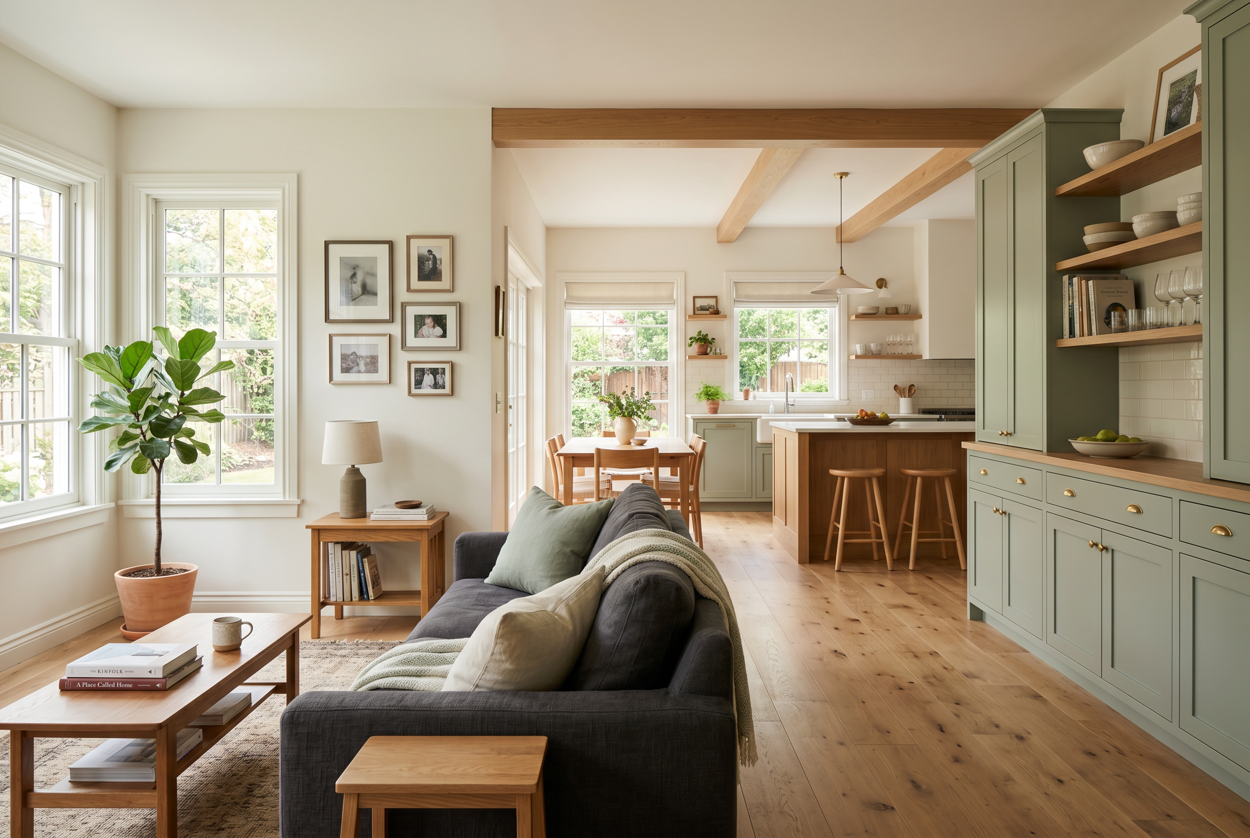 A warm, lived-in open living and kitchen space with wood flooring, sage cabinetry, and natural light.