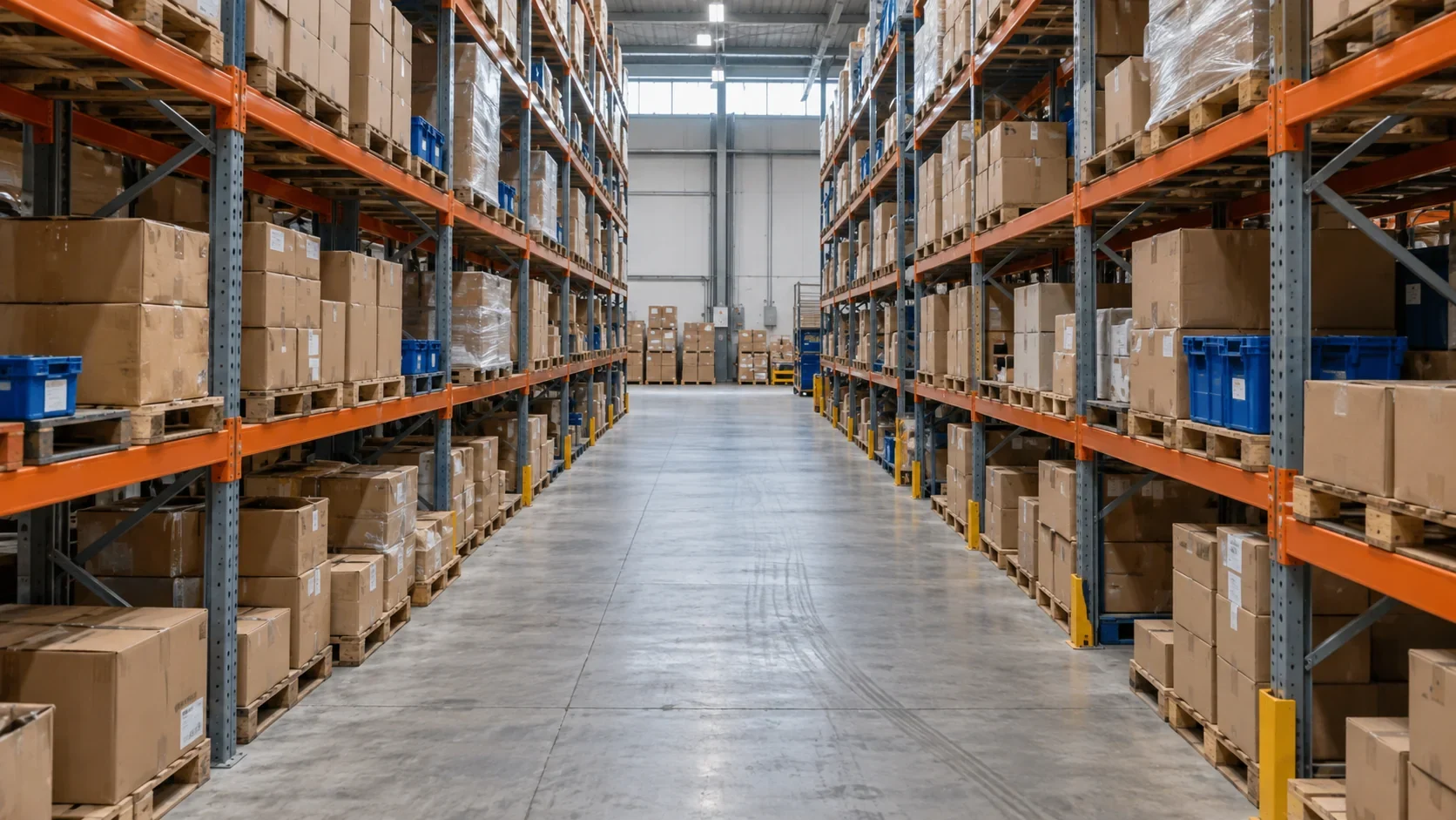 Pallet racking filled with packaged inventory in a distribution warehouse