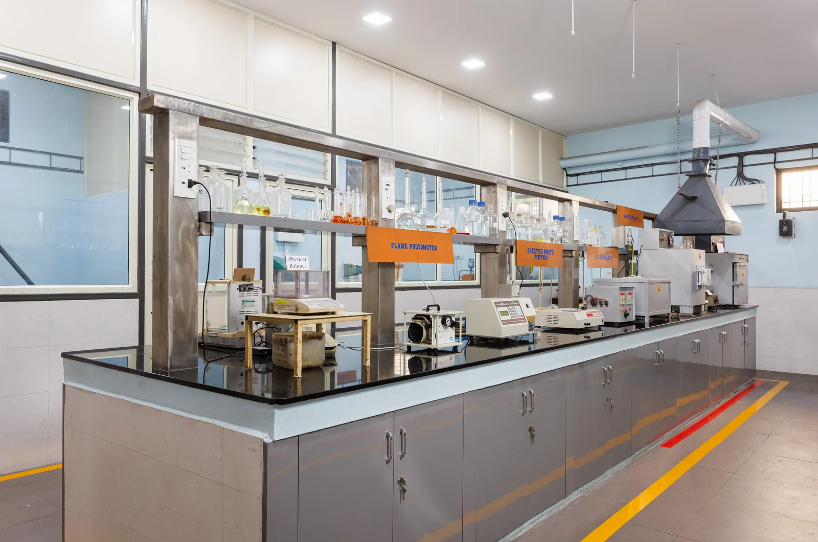 Instruments and glassware on the VRL laboratory benches