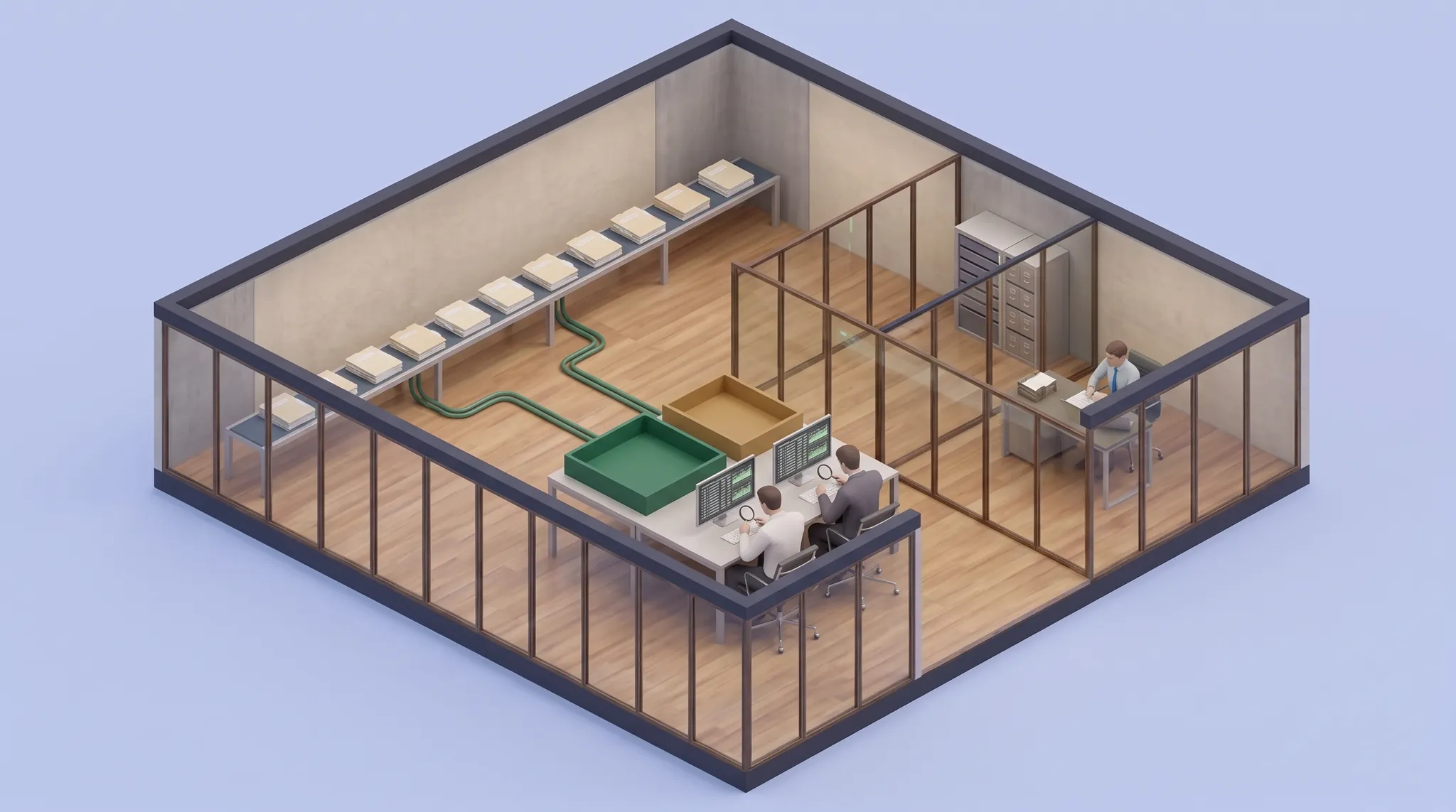 Isometric concept illustration of alert folders separated into review and exception trays.