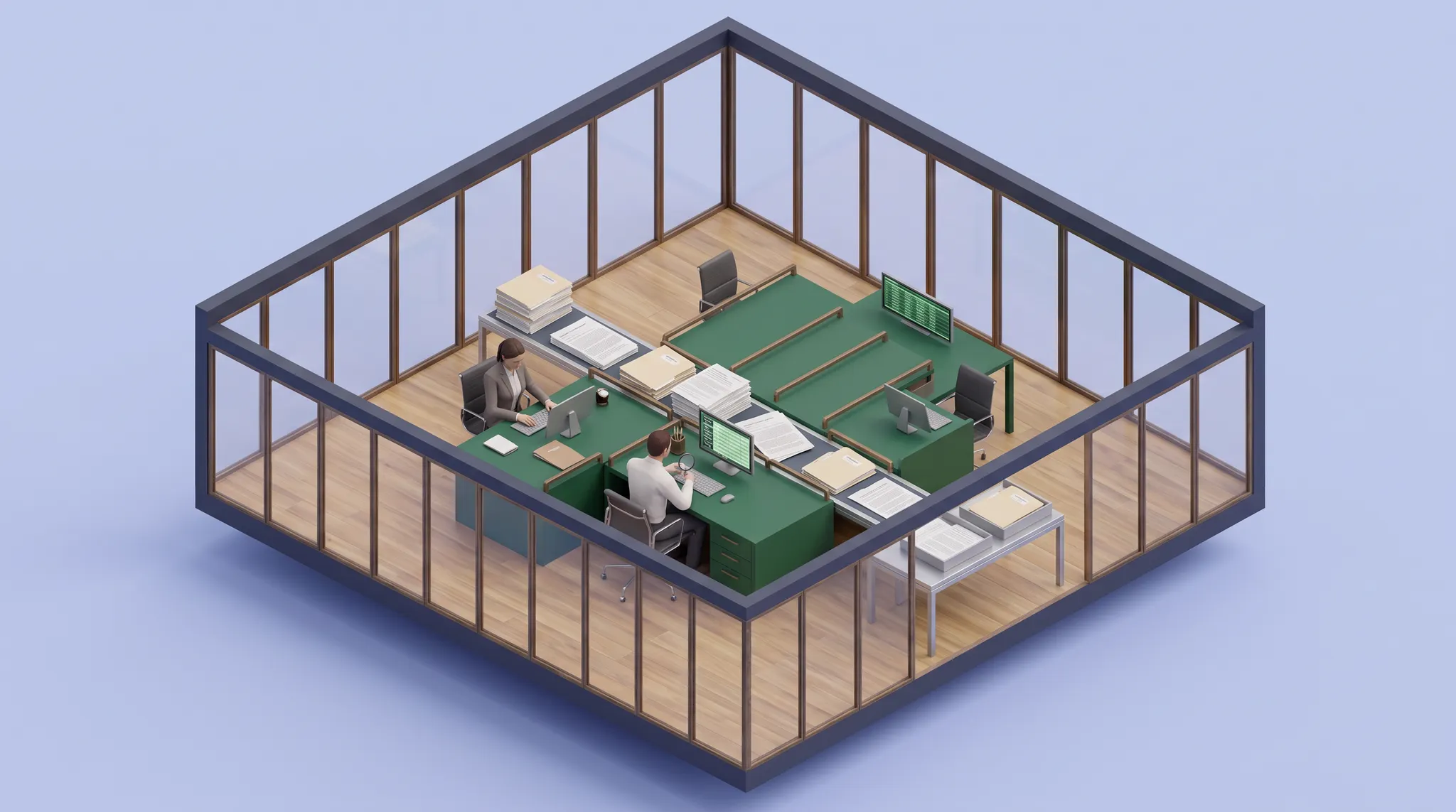 Isometric concept illustration of parallel document lanes supporting a small AML review team.