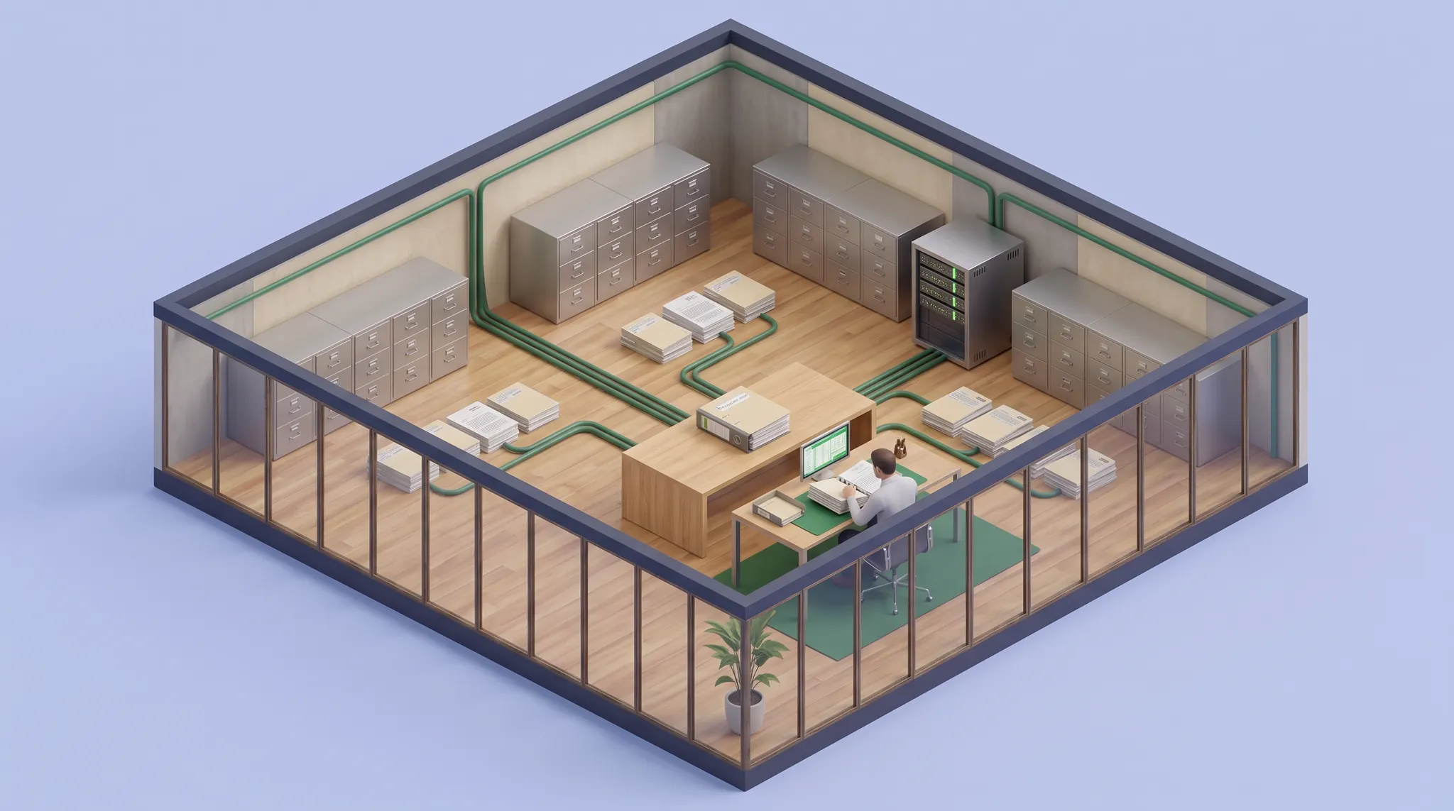 Isometric concept illustration of source records converging into an analyst's case file.