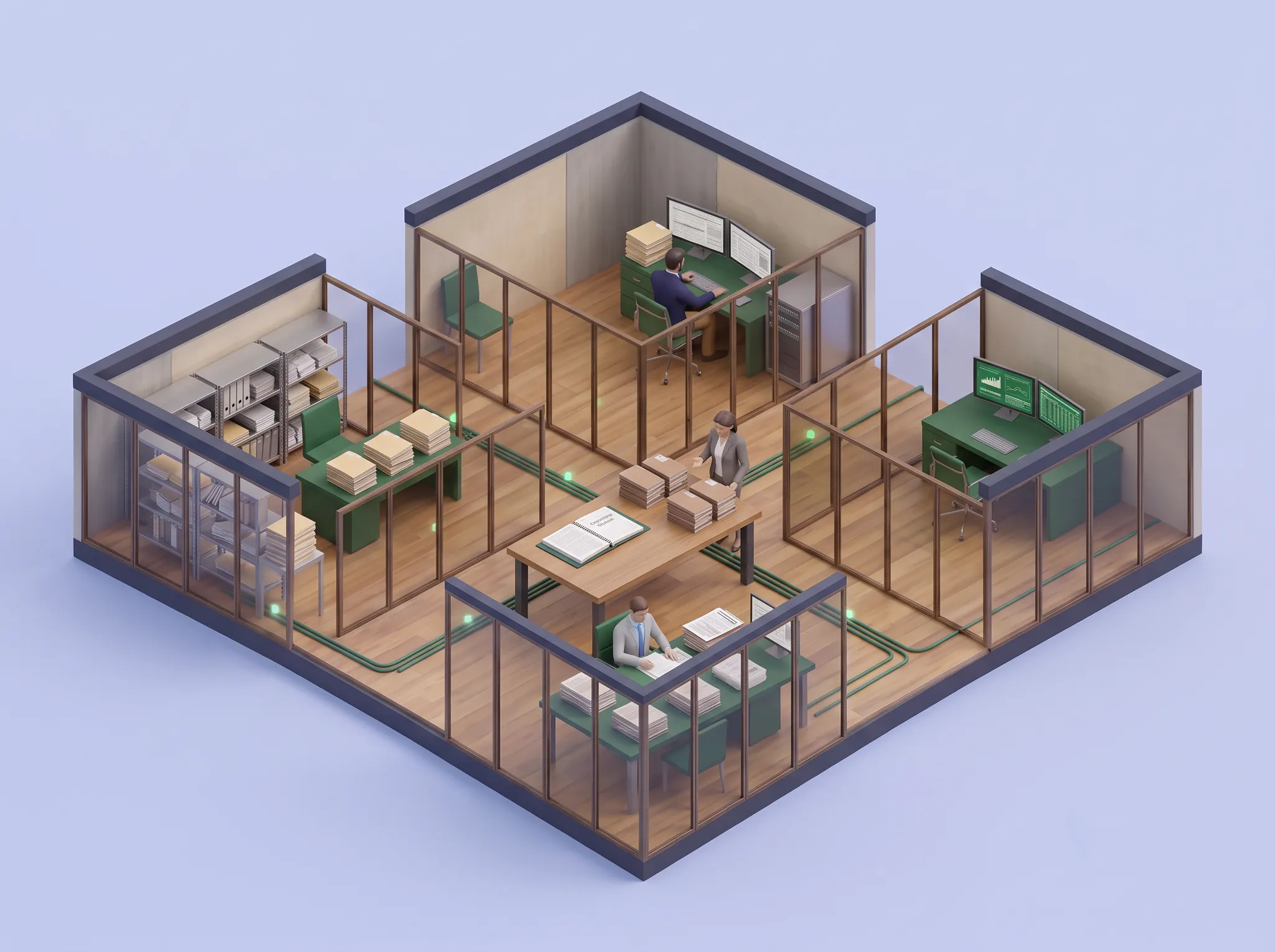 Isometric illustration of connected bank back-office teams reviewing documents and risk reports around a shared operating manual.