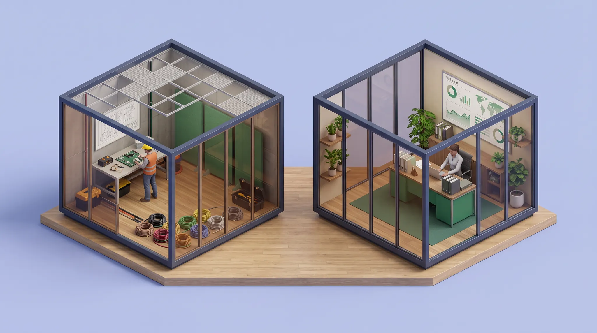 Isometric concept illustration comparing a workspace being built with an operating review room.