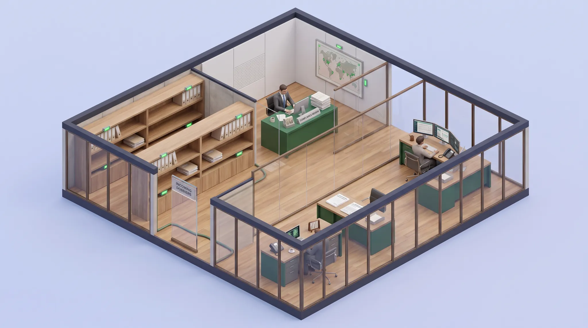 Isometric concept illustration of connected intake, compliance review, and operations workspaces.