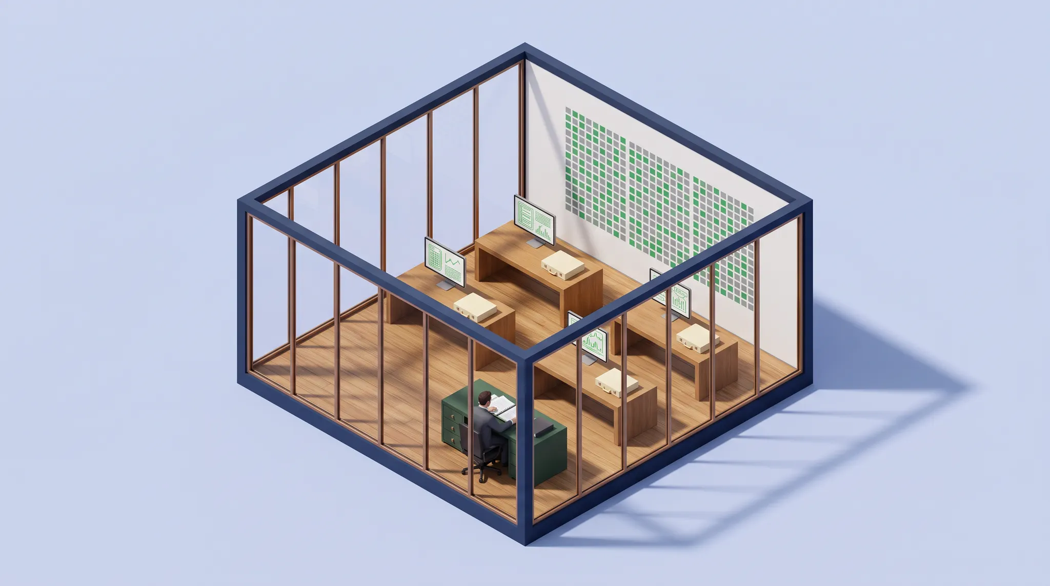 Isometric concept illustration of parallel software evaluation workbenches and a human reviewer.